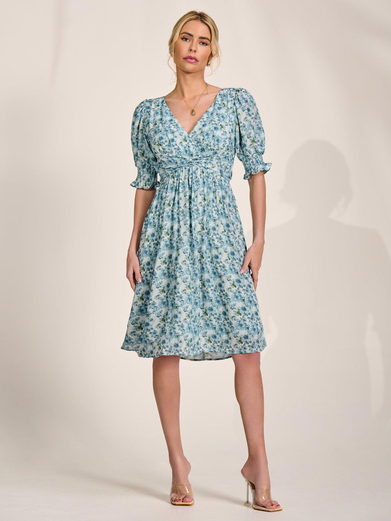Image 6 of 7 of Jolie Moi Puff Sleeve Midi Dress - Blue