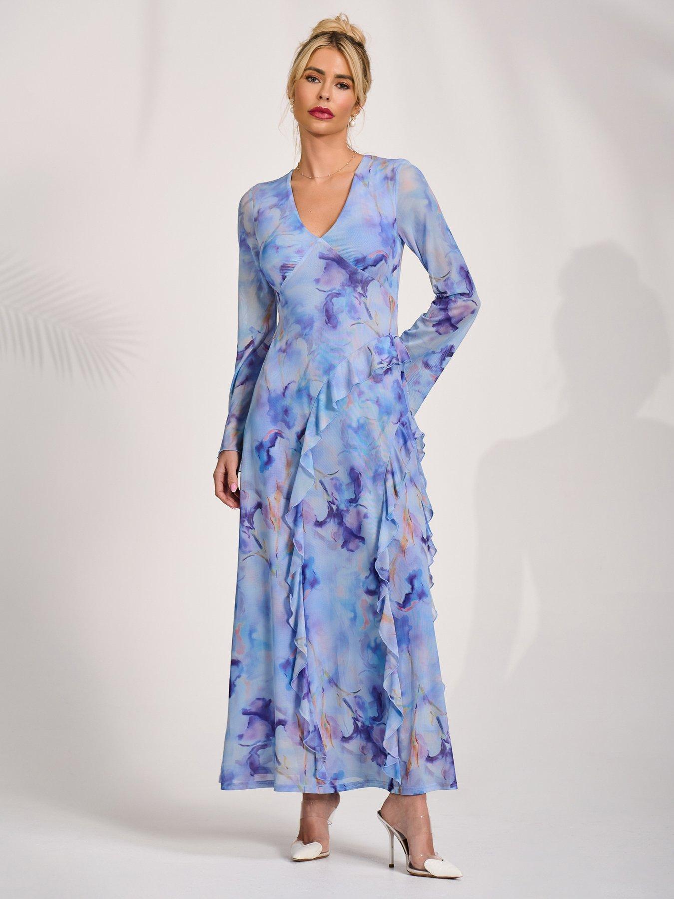 Jolie Moi Long Sleeve Ruffle Mesh Maxi Dress