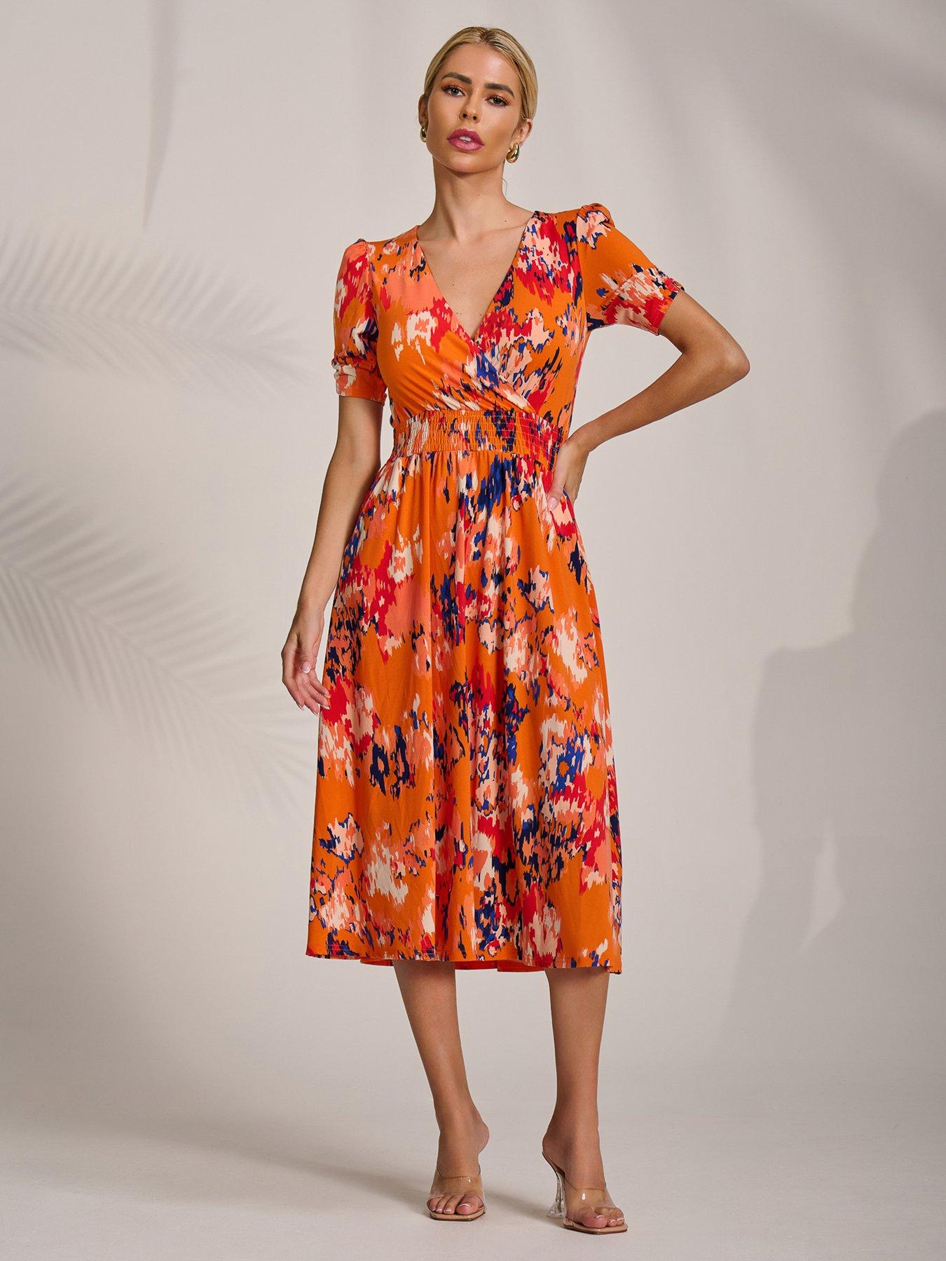 Jolie Moi Short Sleeve Printed Jersey Midi Dress - Orange