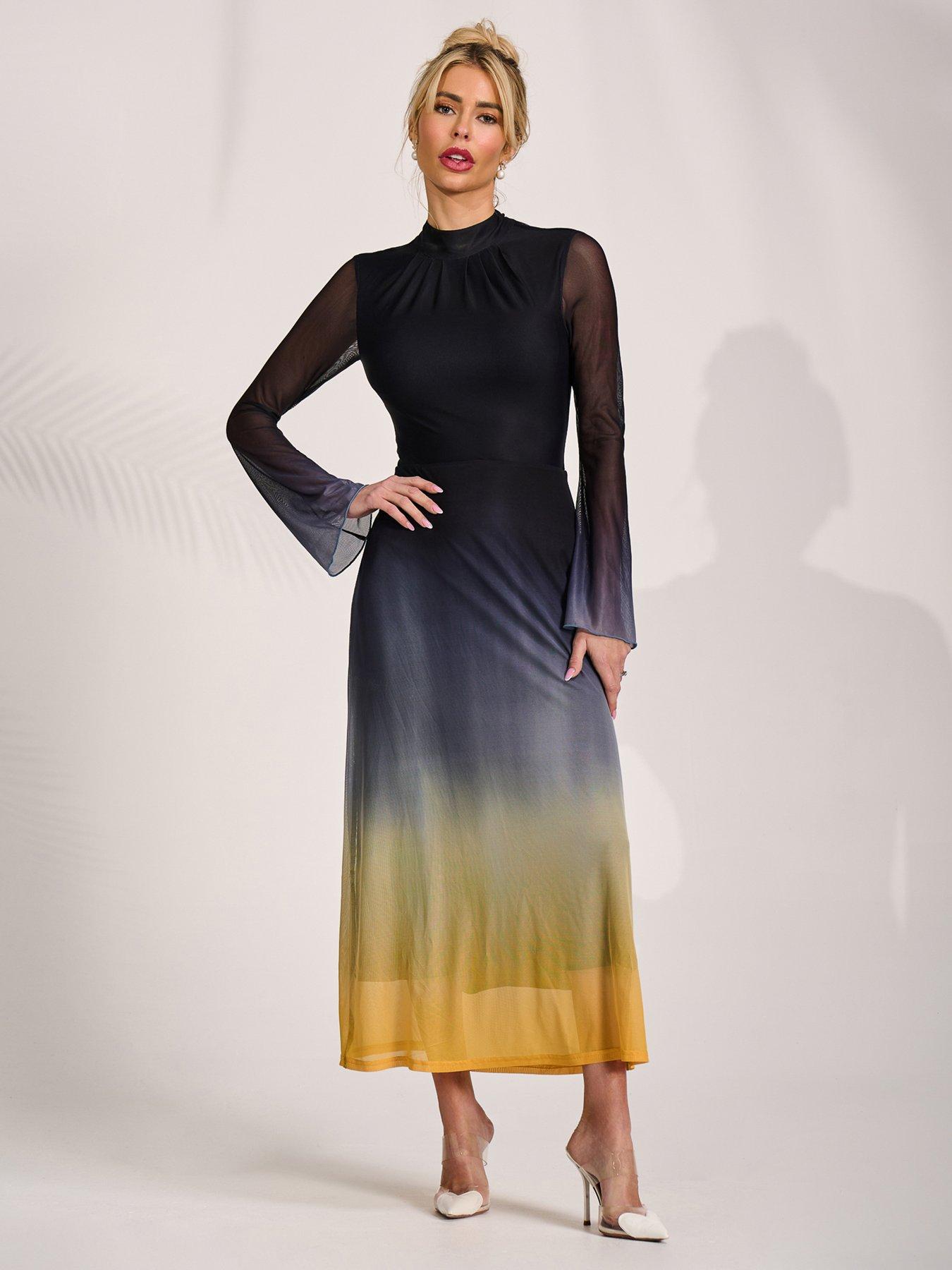 Jolie Moi Long Sleeve High Neck Mesh Dress