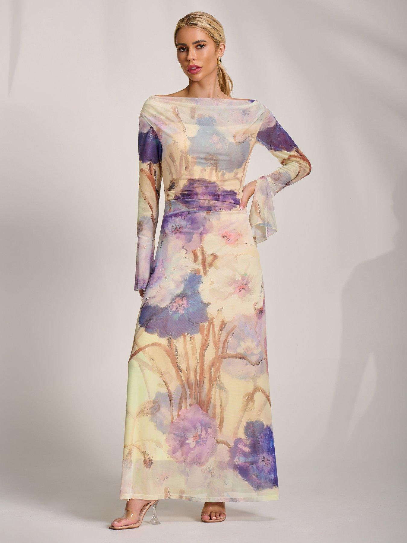 Jolie Moi Long Sleeve Slash Neck Mesh Maxi Dress - Yellow