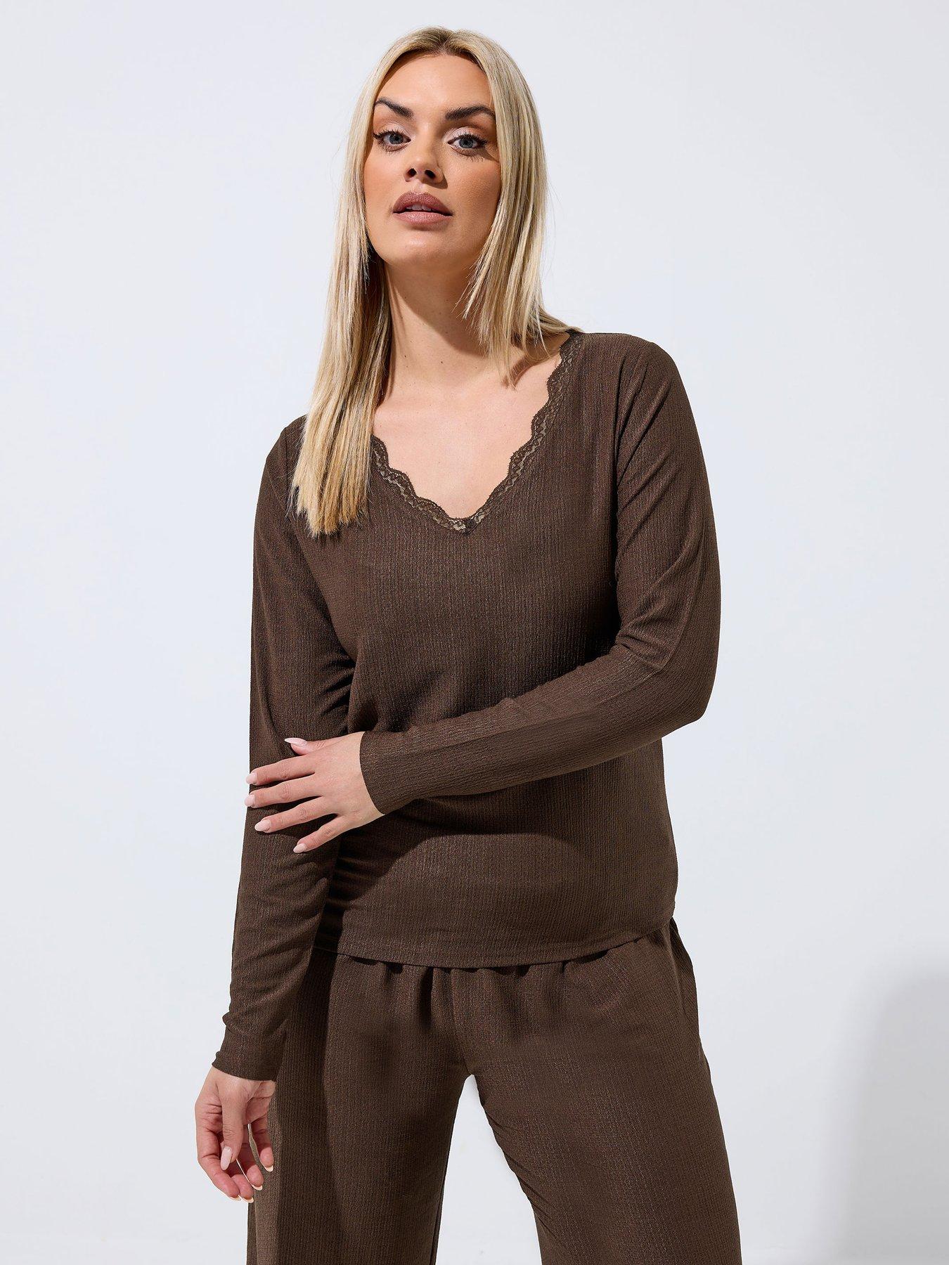 Yours Curve Textured Lace Long Sleeve Top - Blue