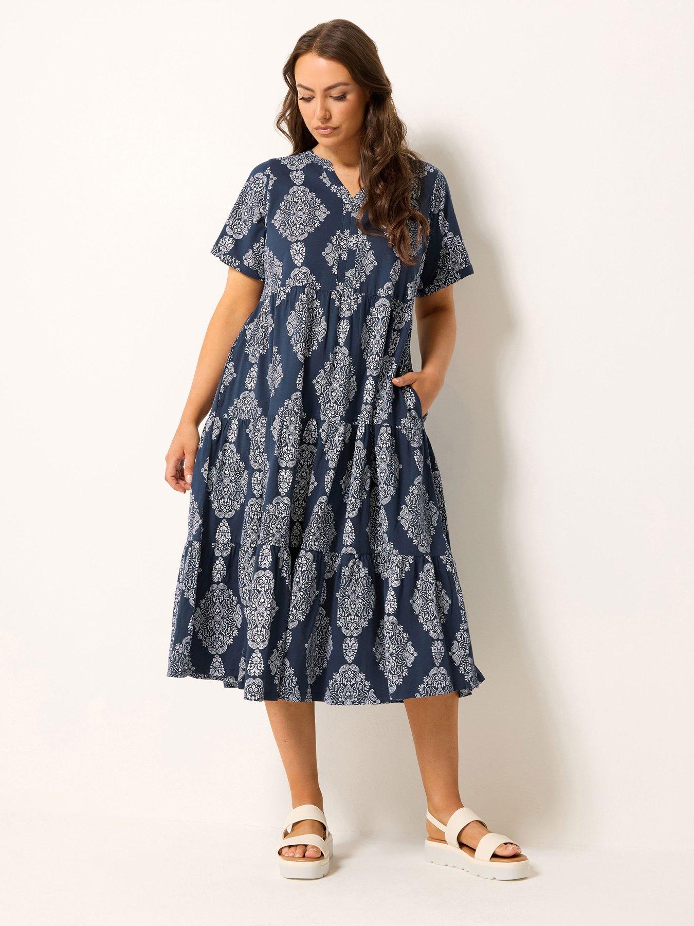 Yours Curve Cotton Tiered Dress - Blue
