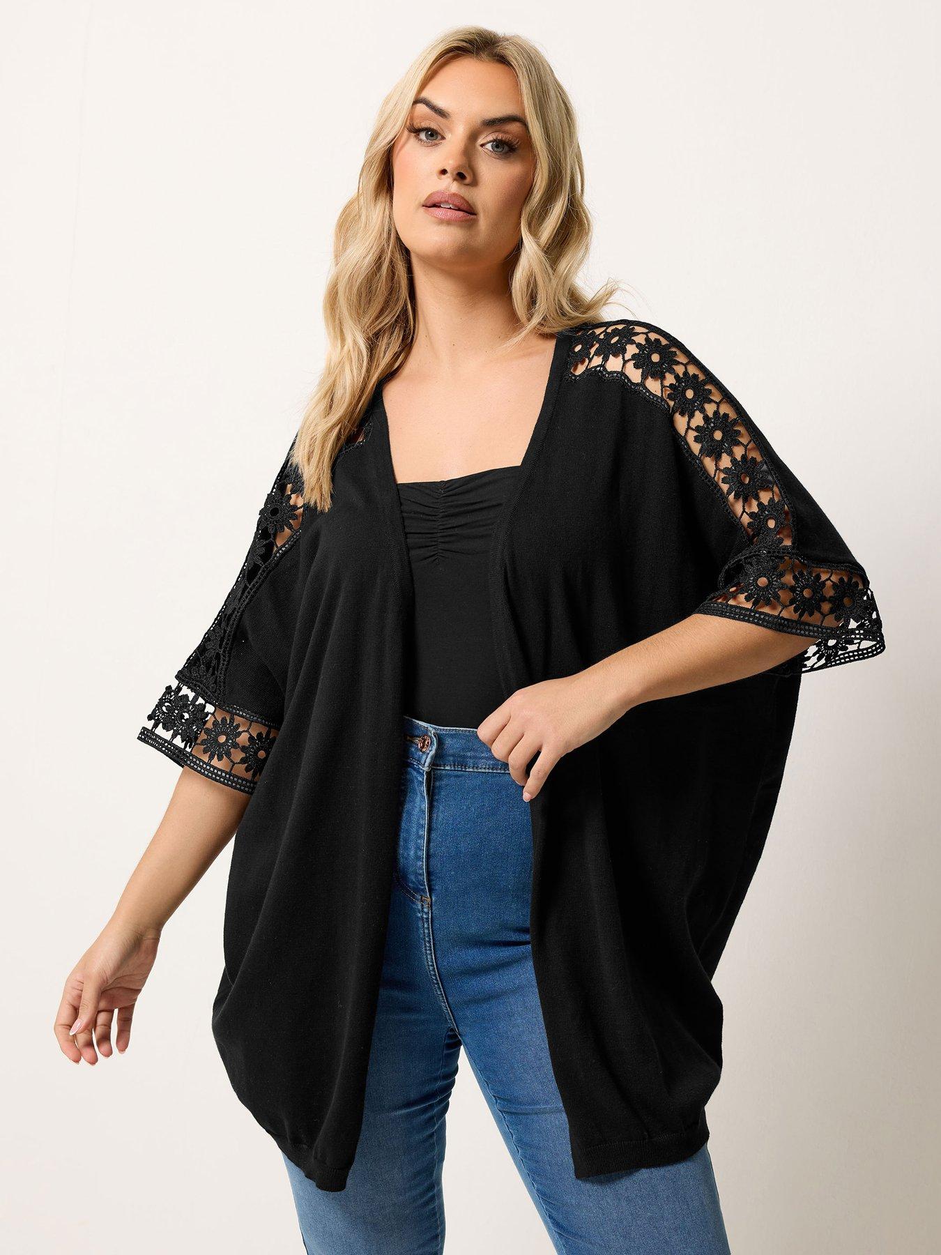 Image 1 of 5 of Yours Curve Crochet Sleeve Kimono - Black