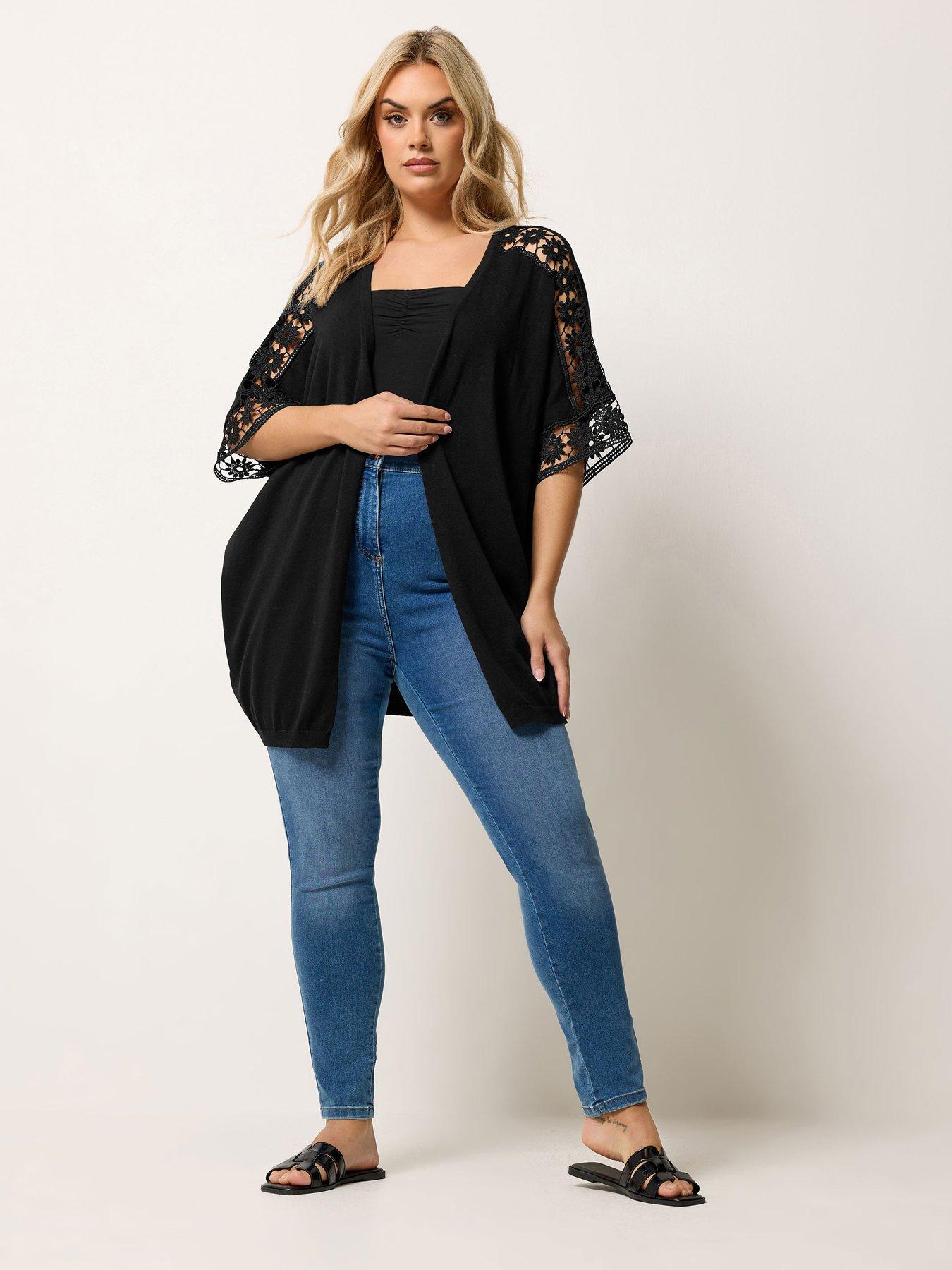 Image 3 of 5 of Yours Curve Crochet Sleeve Kimono - Black