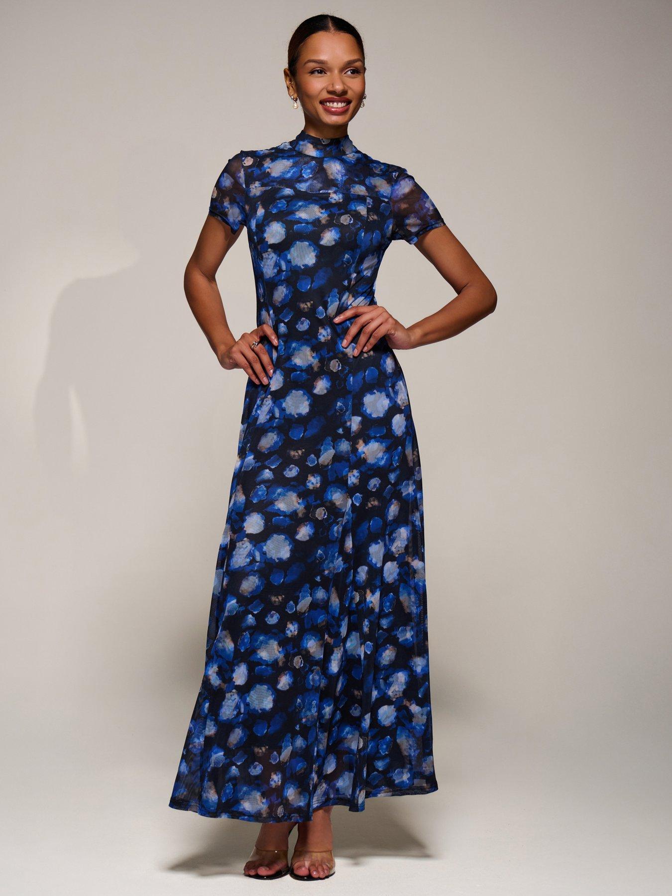 Jolie Moi Turtle Neckline Mesh Maxi Dress - Blue