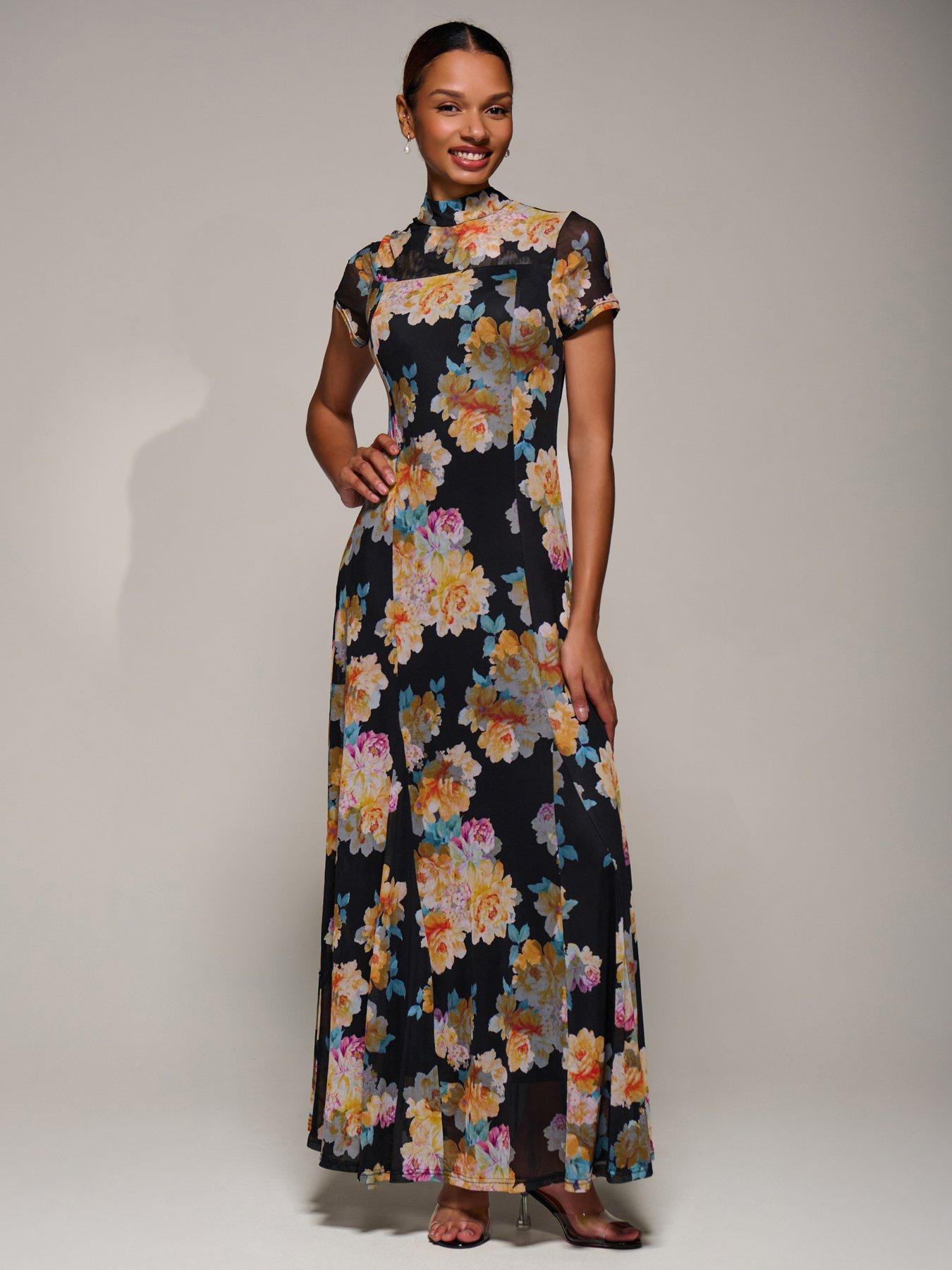 Jolie Moi Turtle Neckline Mesh Maxi Dress - Yellow