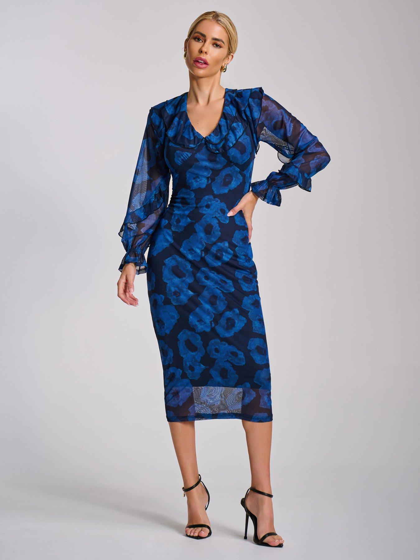 Jolie Moi Long Sleeve Ruffle Detail Mesh Bodycon Dress - Blue