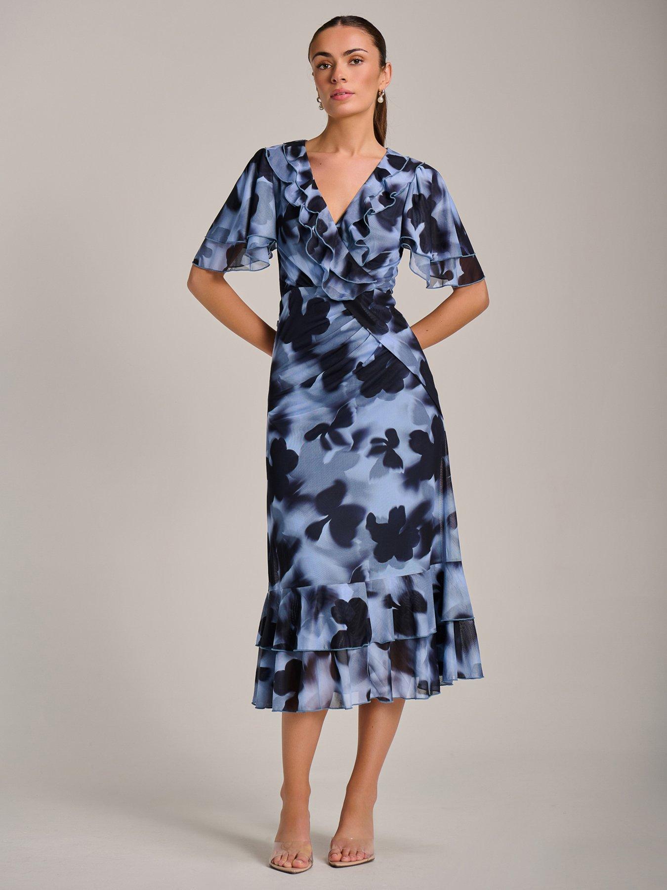 Jolie Moi Ruffle Detail Ruched Mesh Midaxi Dress - Blue