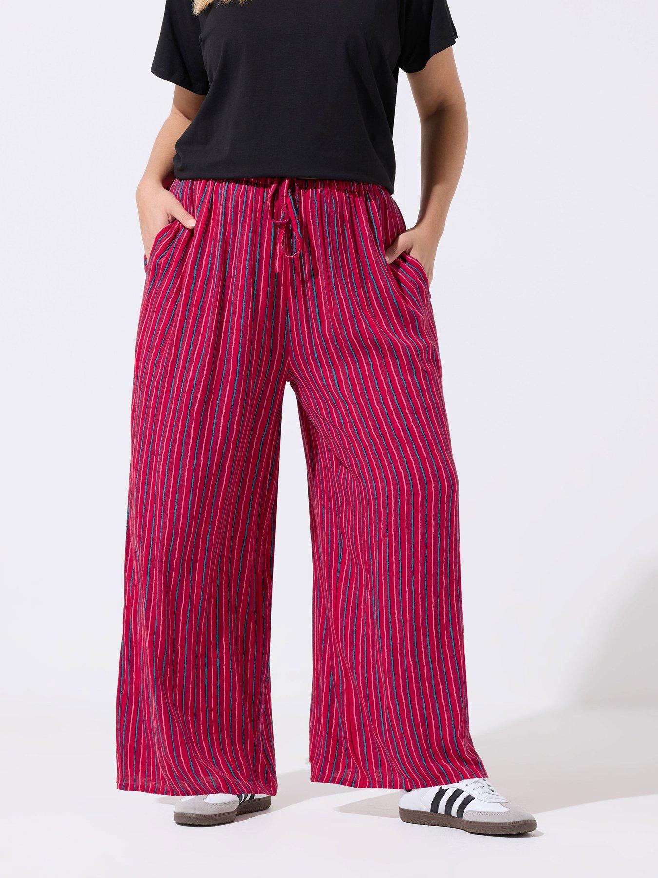 Image 1 of 5 of Yours Curve Crinkle Stripe Trousers - Red