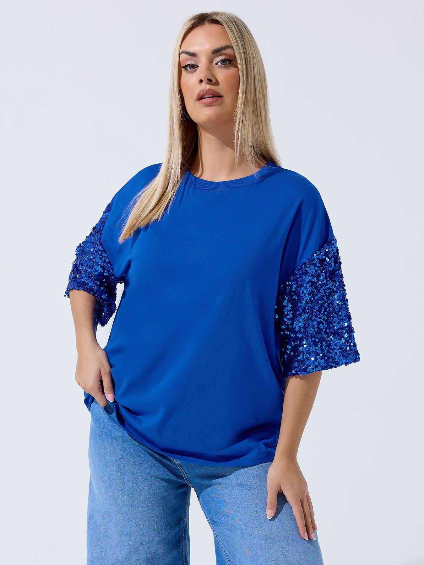 Yours Curve Sequin Sleeve T-Shirt - Blue