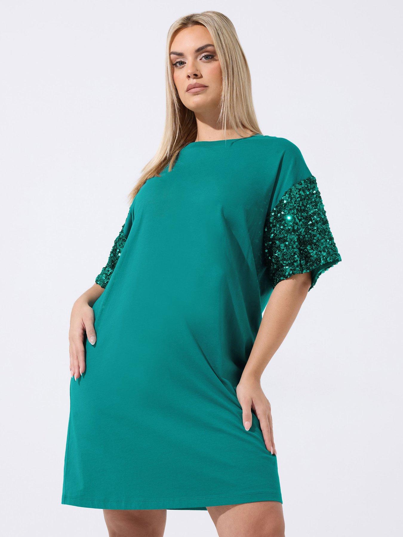 Yours Curve Sequin Sleeve Dress - Green