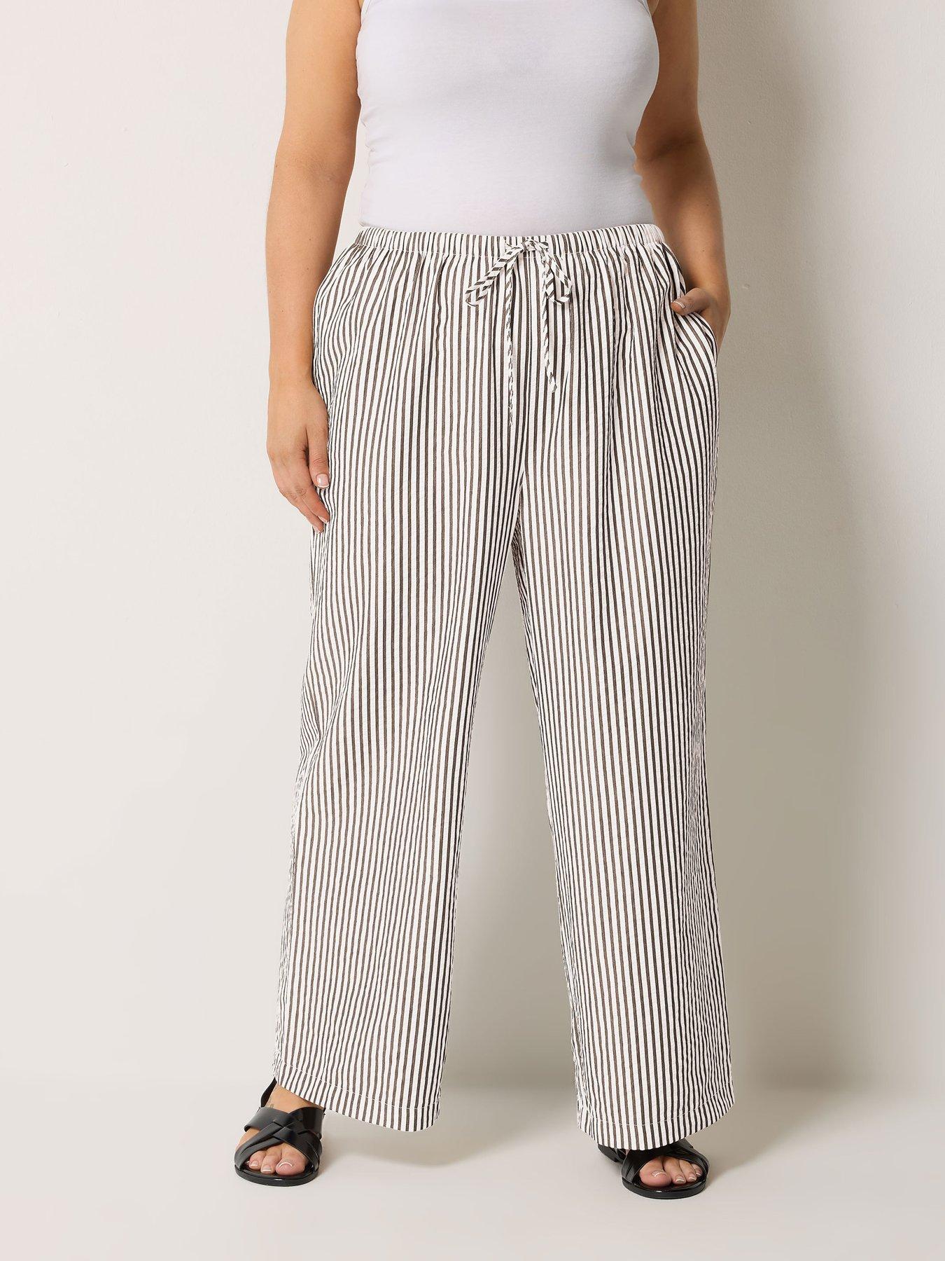 Yours Curve Crinkle Stripe Trousers - Cream