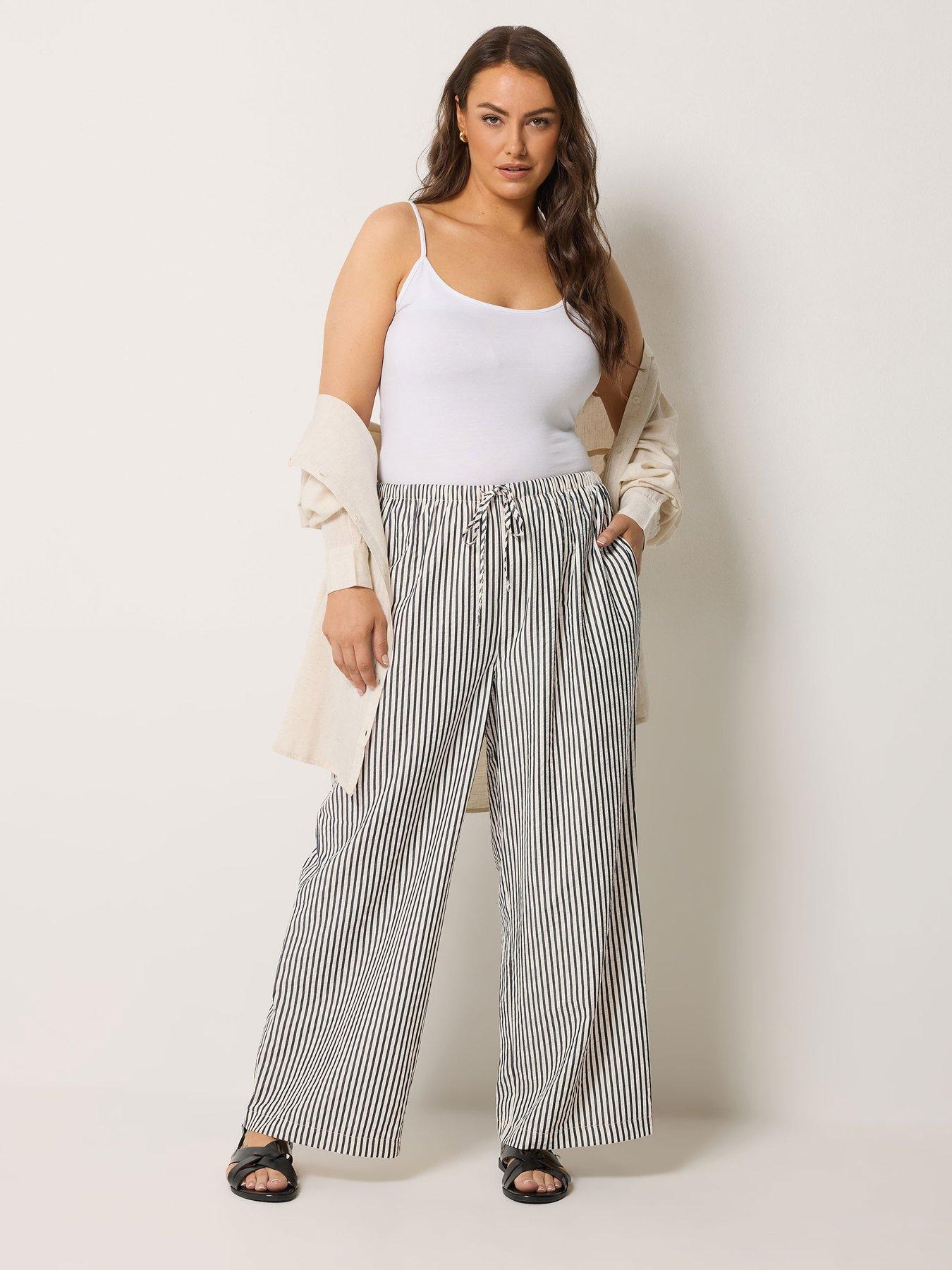 Image 3 of 4 of Yours Curve Crinkle Stripe Trousers - Cream