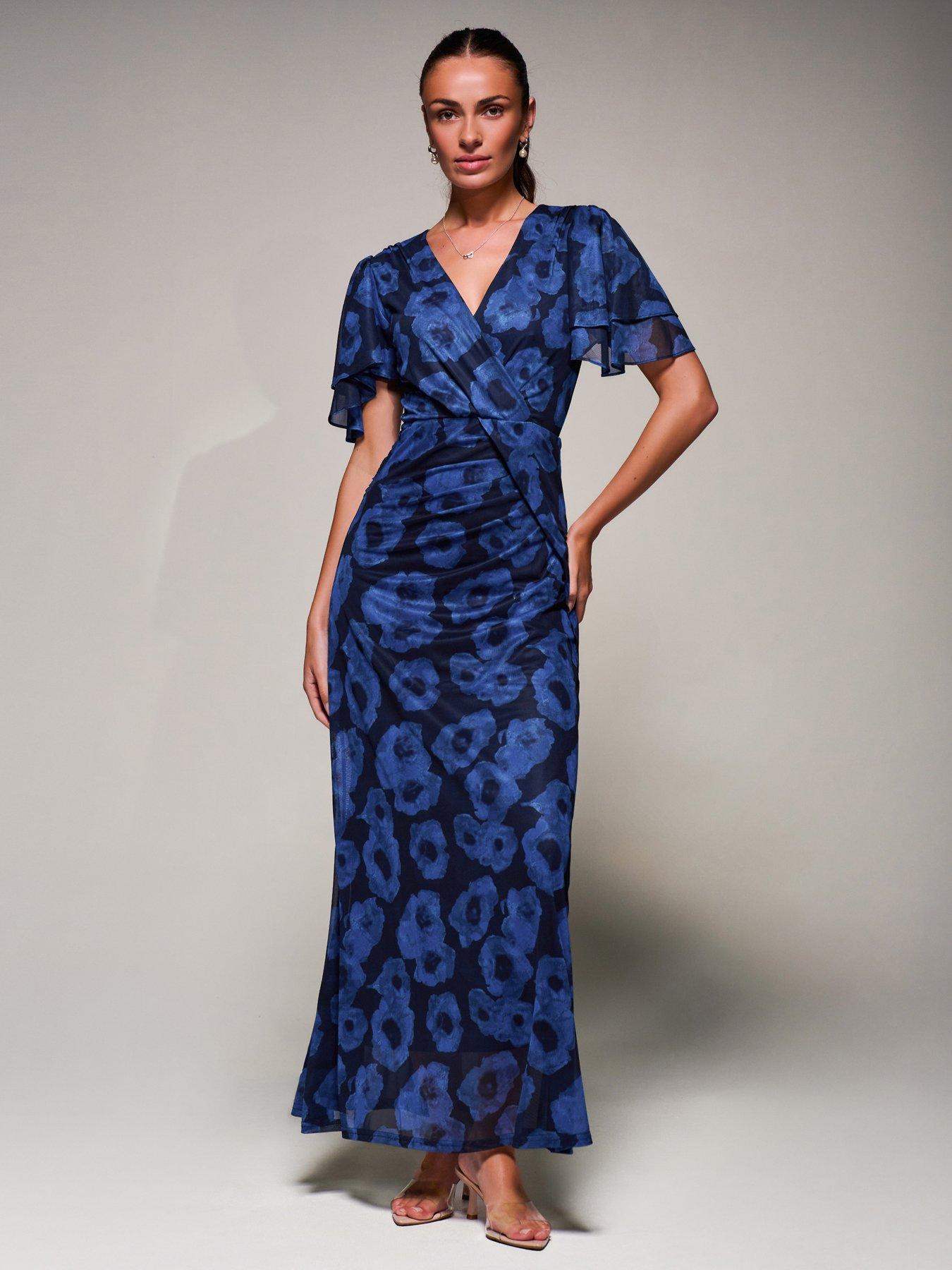 Jolie Moi Angel Sleeve Draped Mesh Maxi Dress - Blue