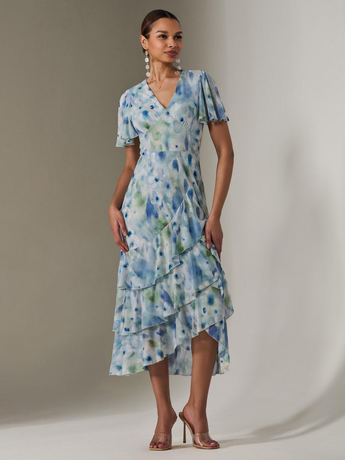 Jolie Moi Mesh Print Frill Hem Midaxi Dress - Blue