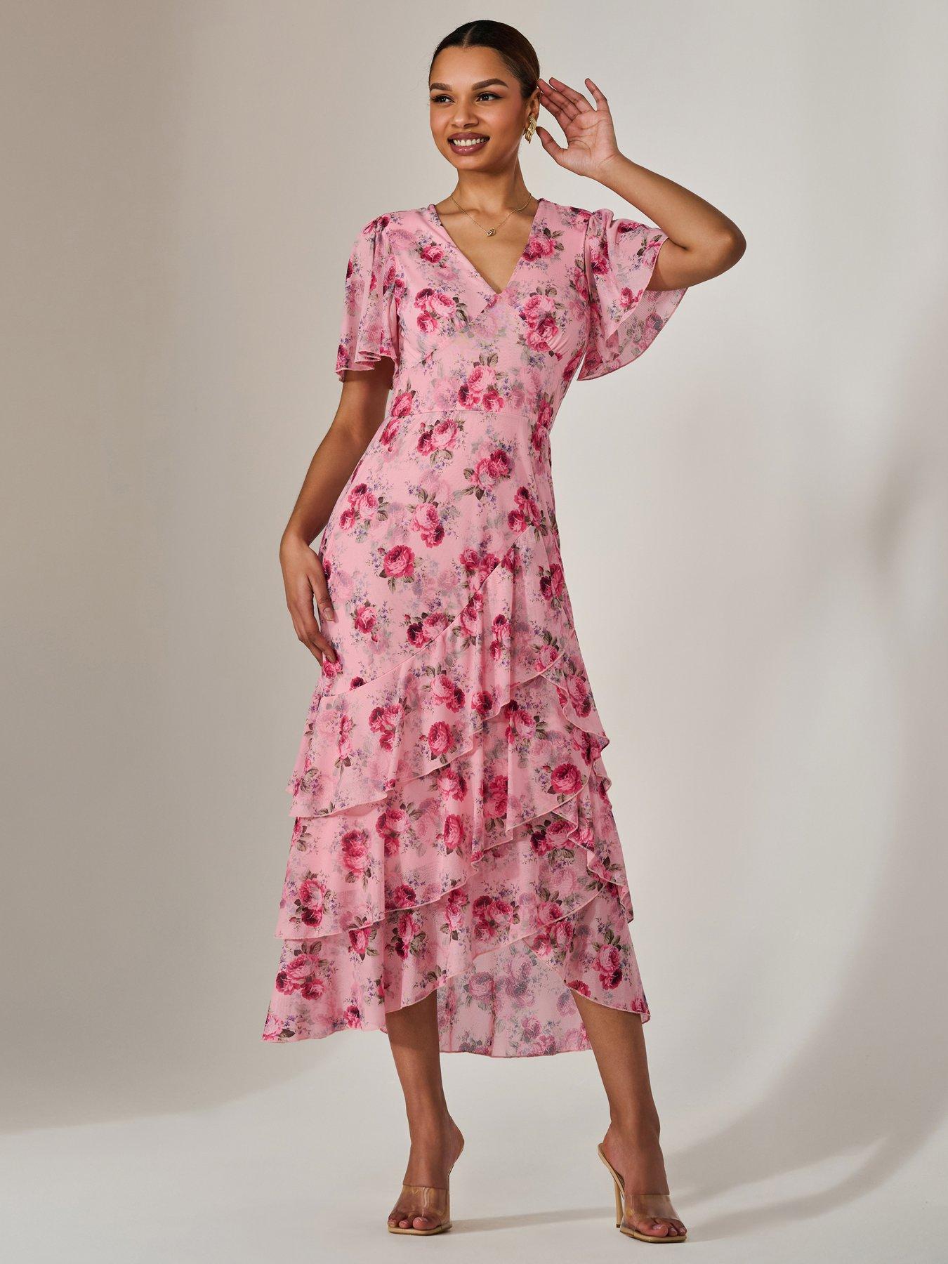 Jolie Moi Mesh Print Frill Hem Midaxi Dress