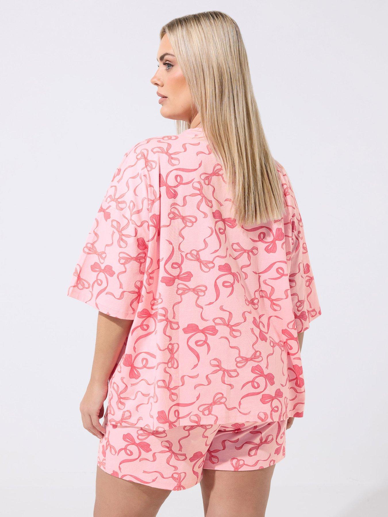 Image 2 of 5 of Yours Curve Bow Print Pyjama Set - Pink