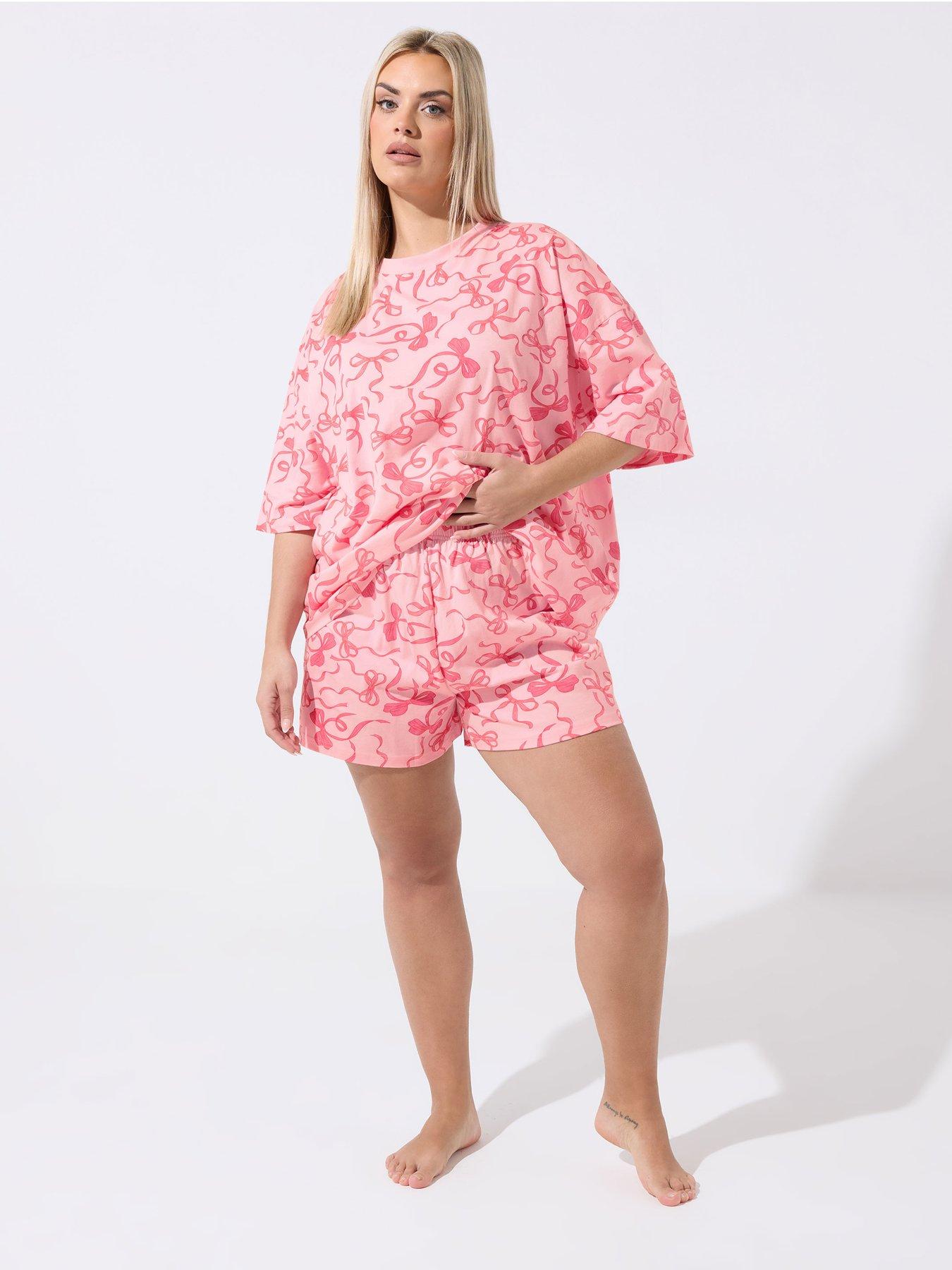 Image 3 of 5 of Yours Curve Bow Print Pyjama Set - Pink