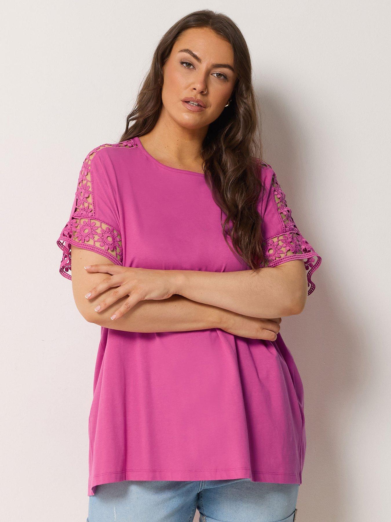 Yours Curve Boxy Crochet T-Shirt - Pink