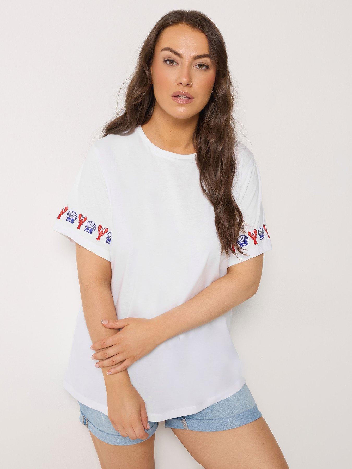 Image 1 of 5 of Yours Curve Printed Embroidery T-Shirt - White