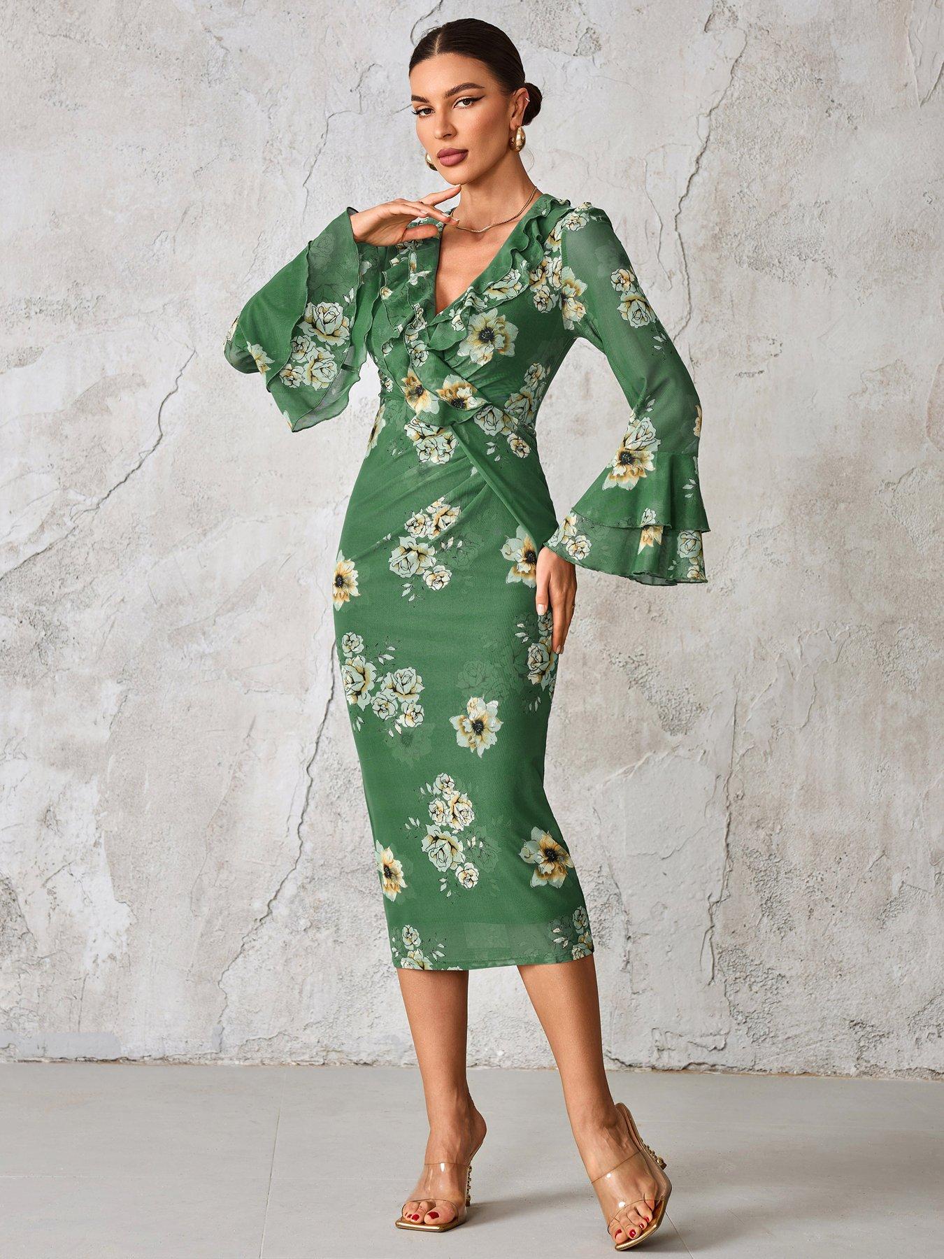 Jolie Moi Frill Sleeve Pleated Wrap Midi Dress - Green