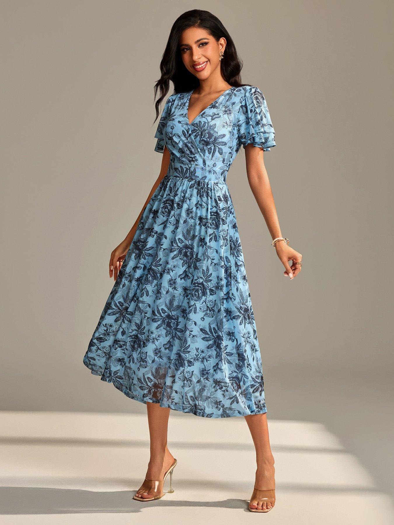 Image 1 of 7 of Jolie Moi Flutter Sleeve Mesh Maxi Dress - Blue