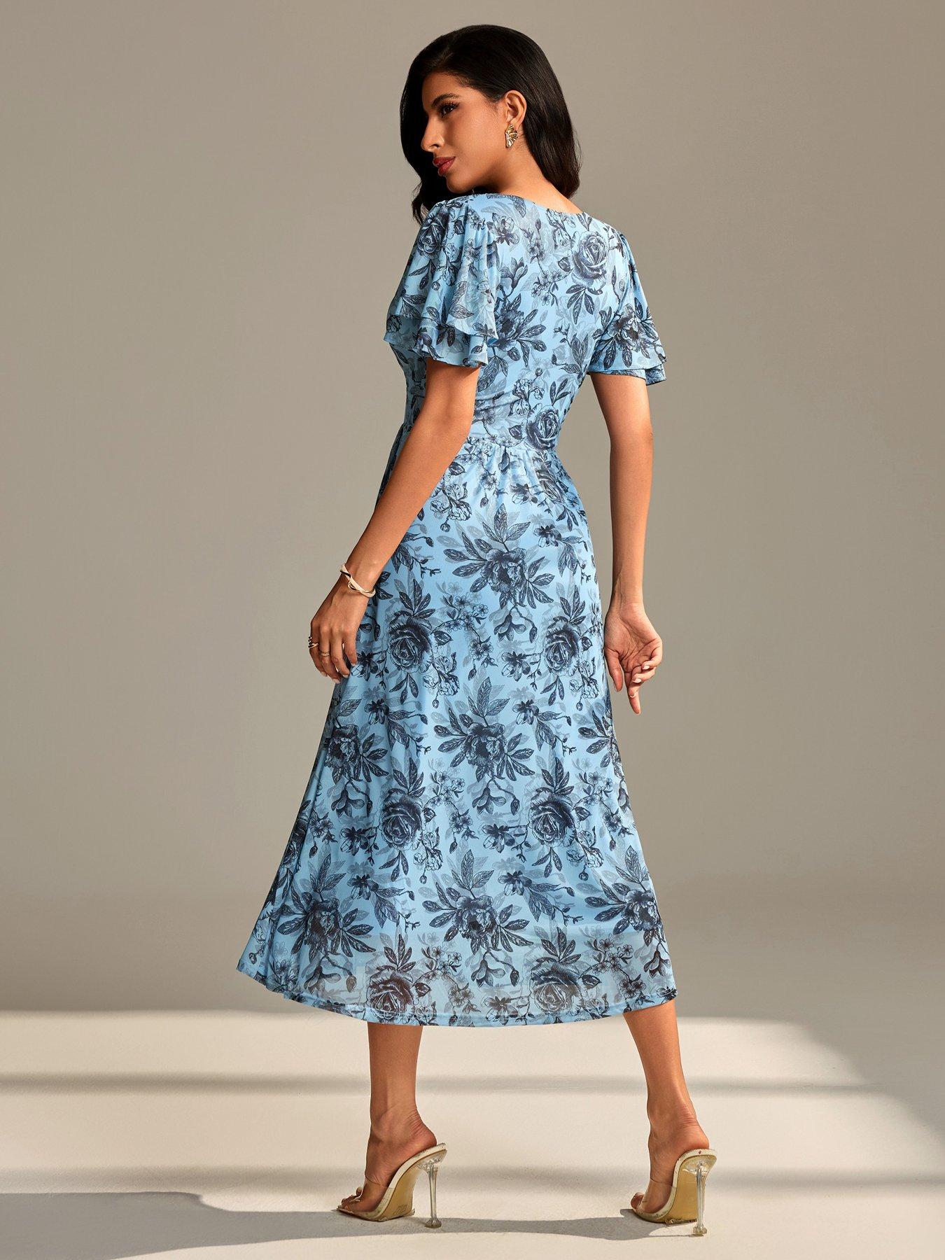 Image 2 of 7 of Jolie Moi Flutter Sleeve Mesh Maxi Dress - Blue