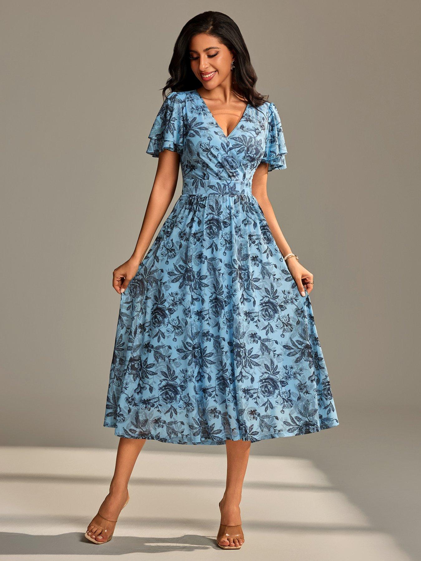Image 3 of 7 of Jolie Moi Flutter Sleeve Mesh Maxi Dress - Blue