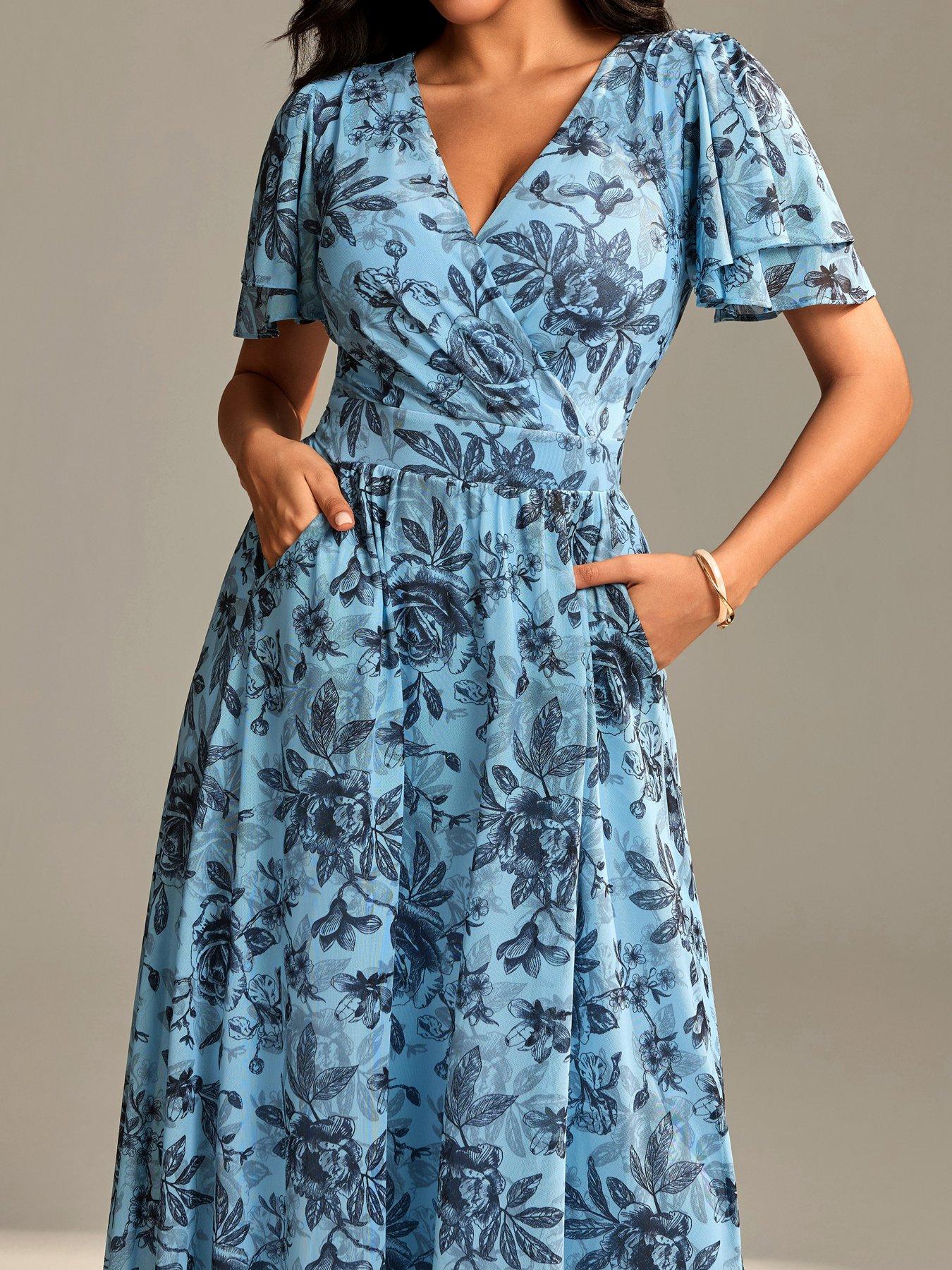 Image 4 of 7 of Jolie Moi Flutter Sleeve Mesh Maxi Dress - Blue
