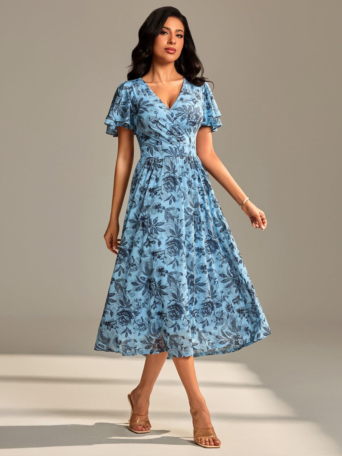 Image 5 of 7 of Jolie Moi Flutter Sleeve Mesh Maxi Dress - Blue