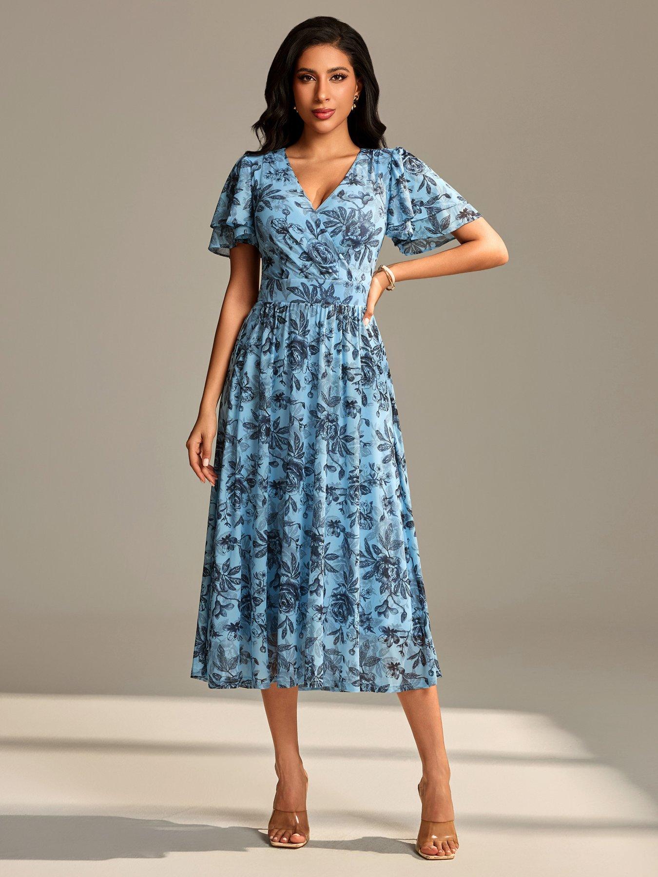 Image 6 of 7 of Jolie Moi Flutter Sleeve Mesh Maxi Dress - Blue