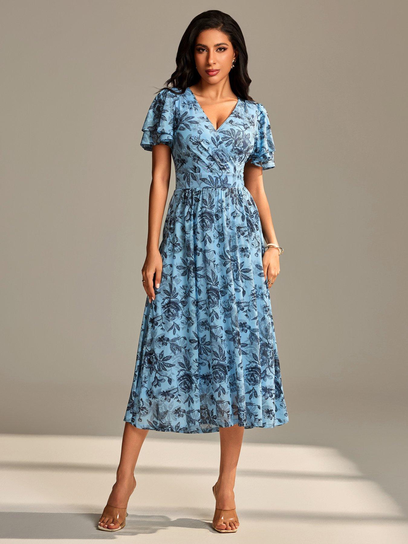 Image 7 of 7 of Jolie Moi Flutter Sleeve Mesh Maxi Dress - Blue