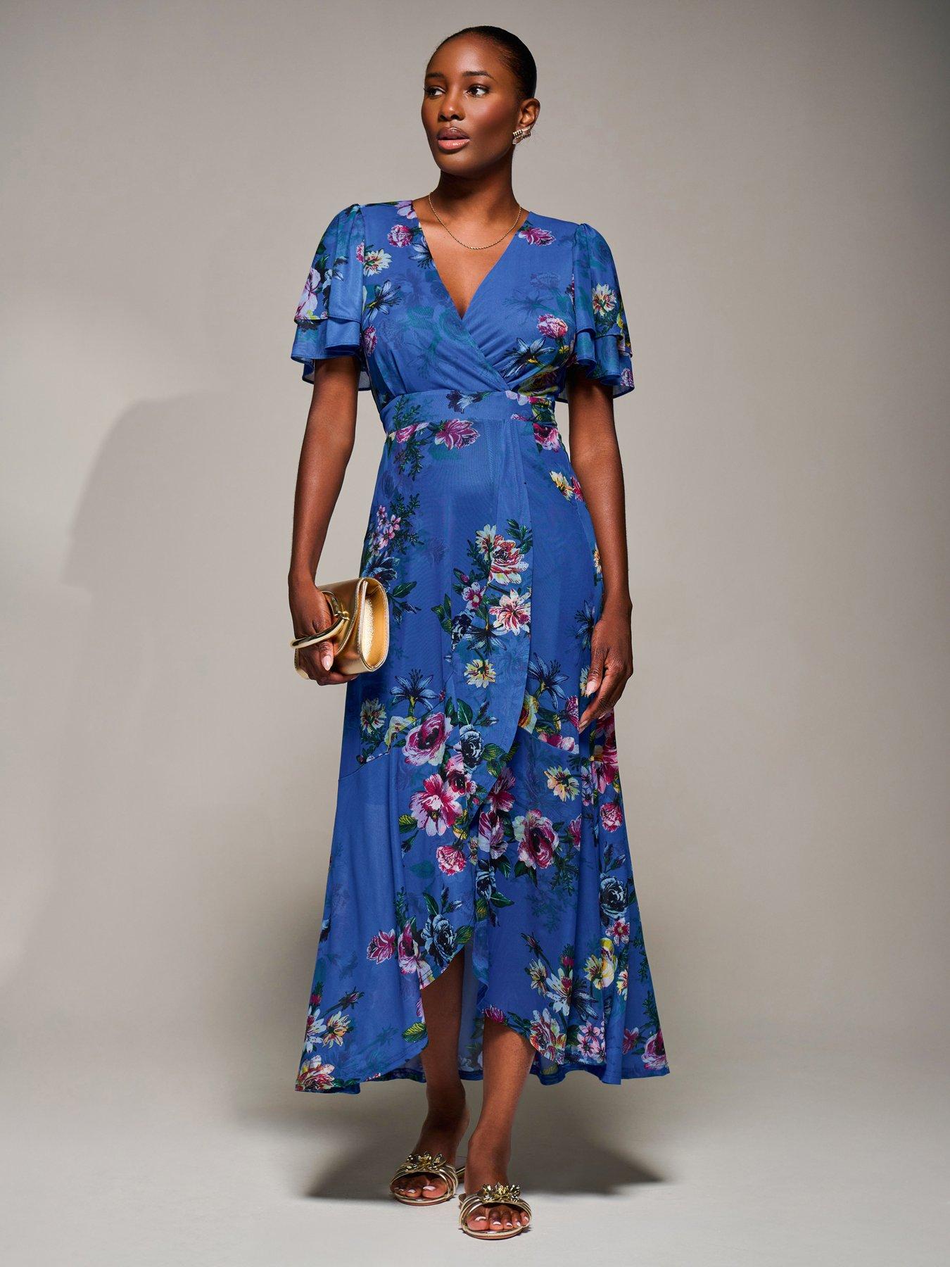 Jolie Moi Angel Sleeve Mesh Frill Wrap Maxi Dress - Blue