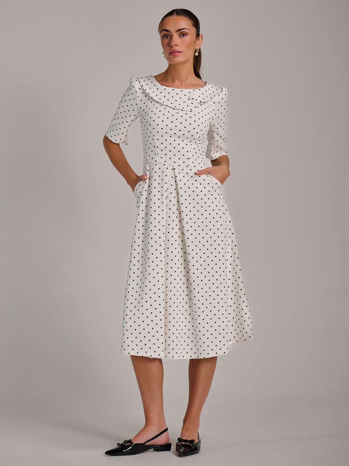 Jolie Moi Printed Scuba Fold Collar Midi Dress - White