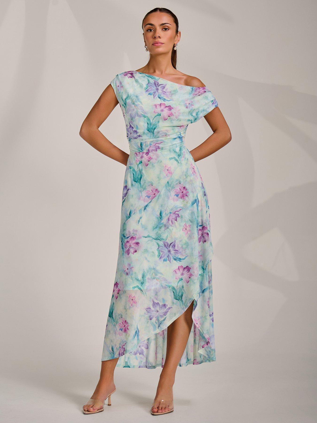 Jolie Moi Asymmetric Draped Mesh Maxi Dress
