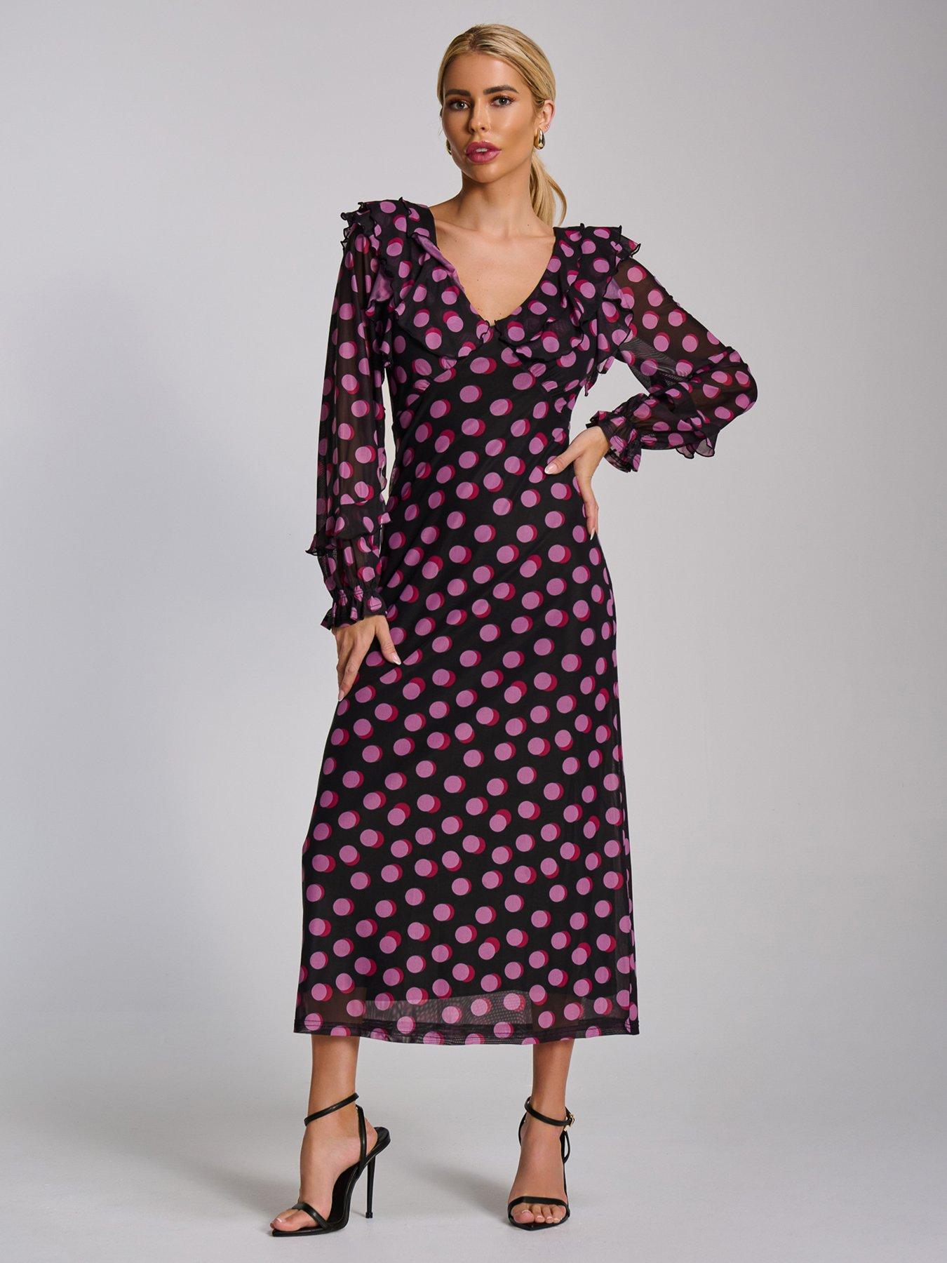 Jolie Moi Ruffle V Neck Long Sleeve Mesh Midaxi Dress