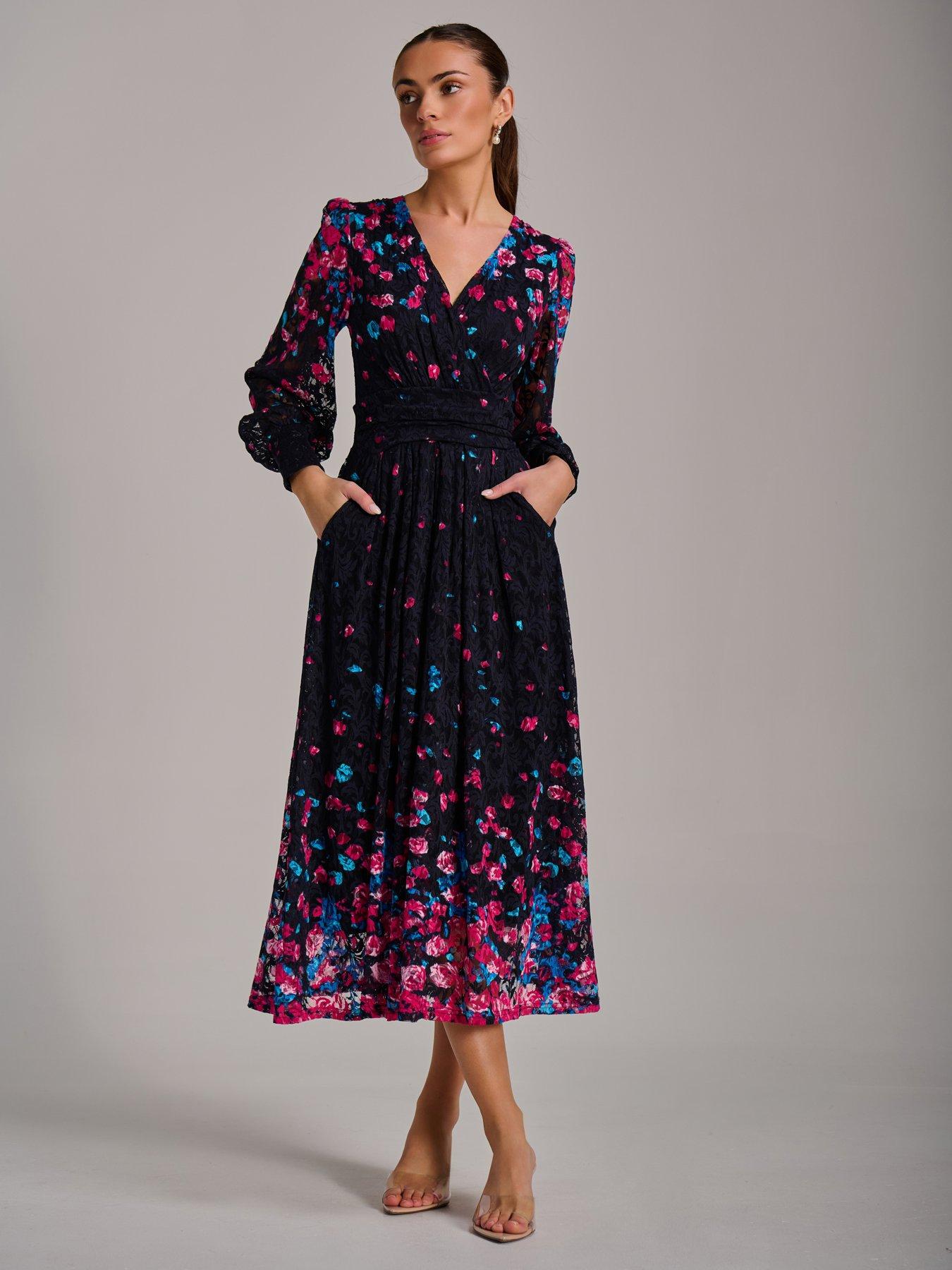 Jolie Moi Long Sleeve Print Lace Maxi Dress - Pink