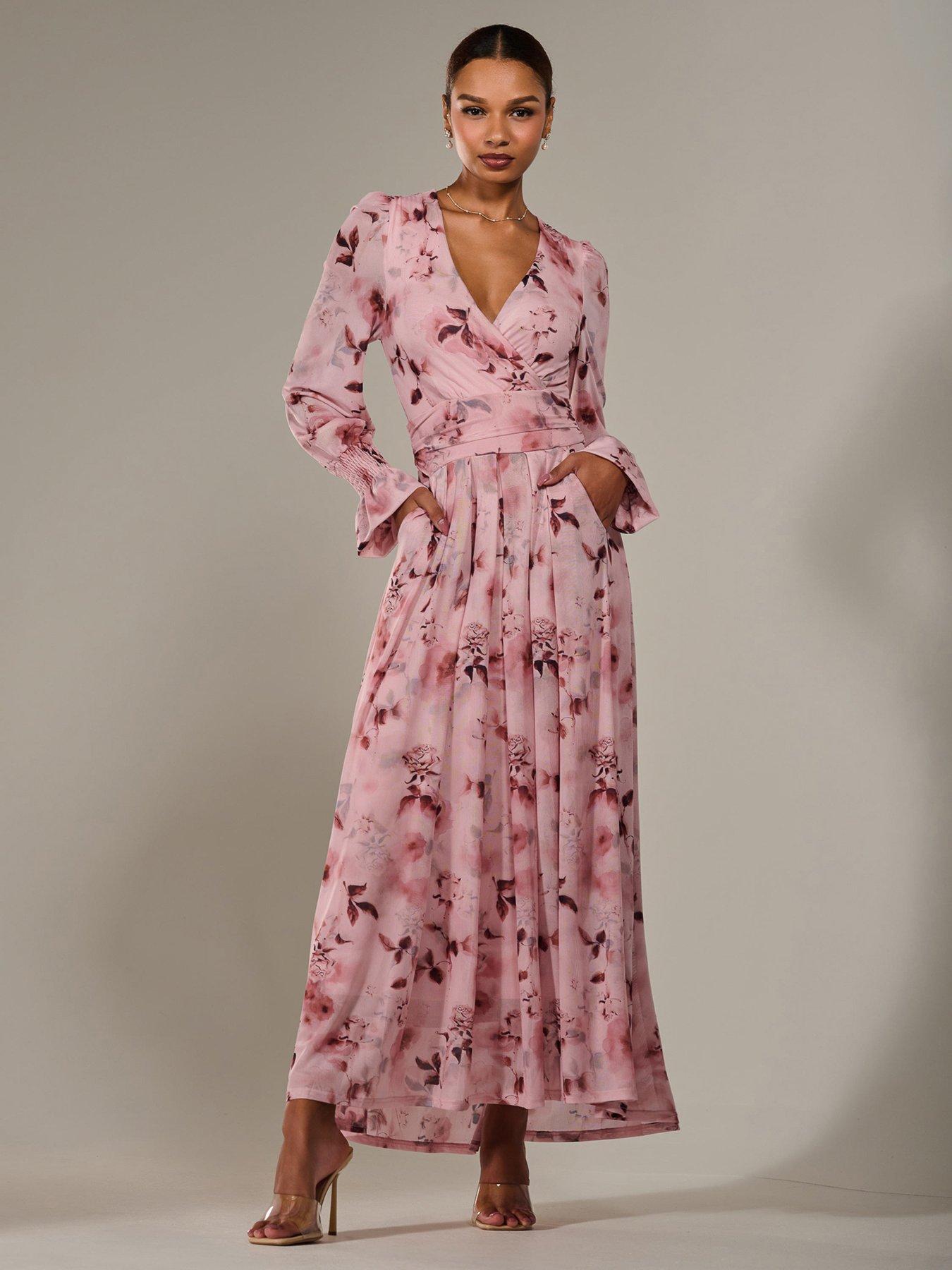 Jolie Moi Long Sleeve Mesh Maxi Dress - Pink