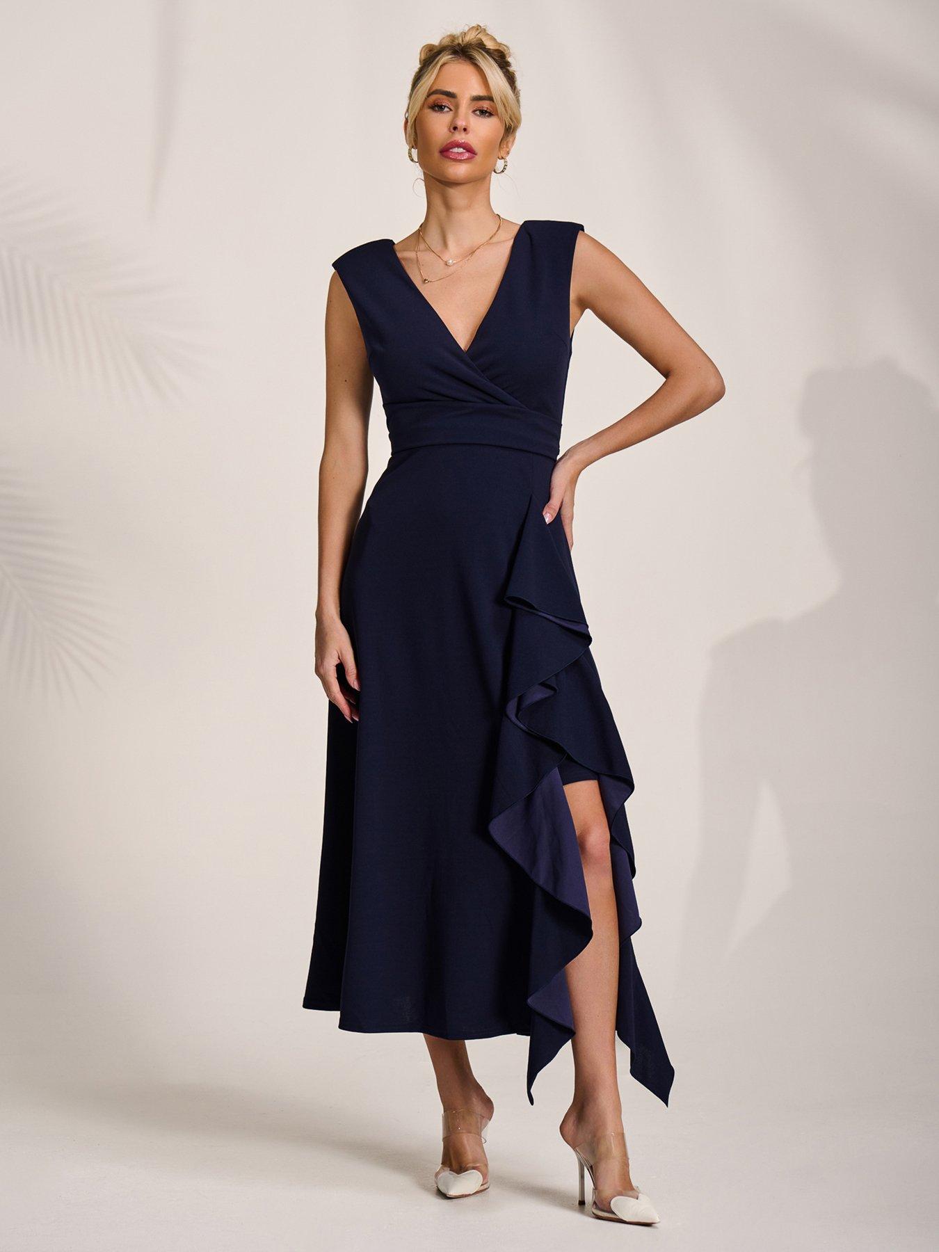 Image 1 of 7 of Jolie Moi Wrap Front Frill Detail Maxi Dress - Navy