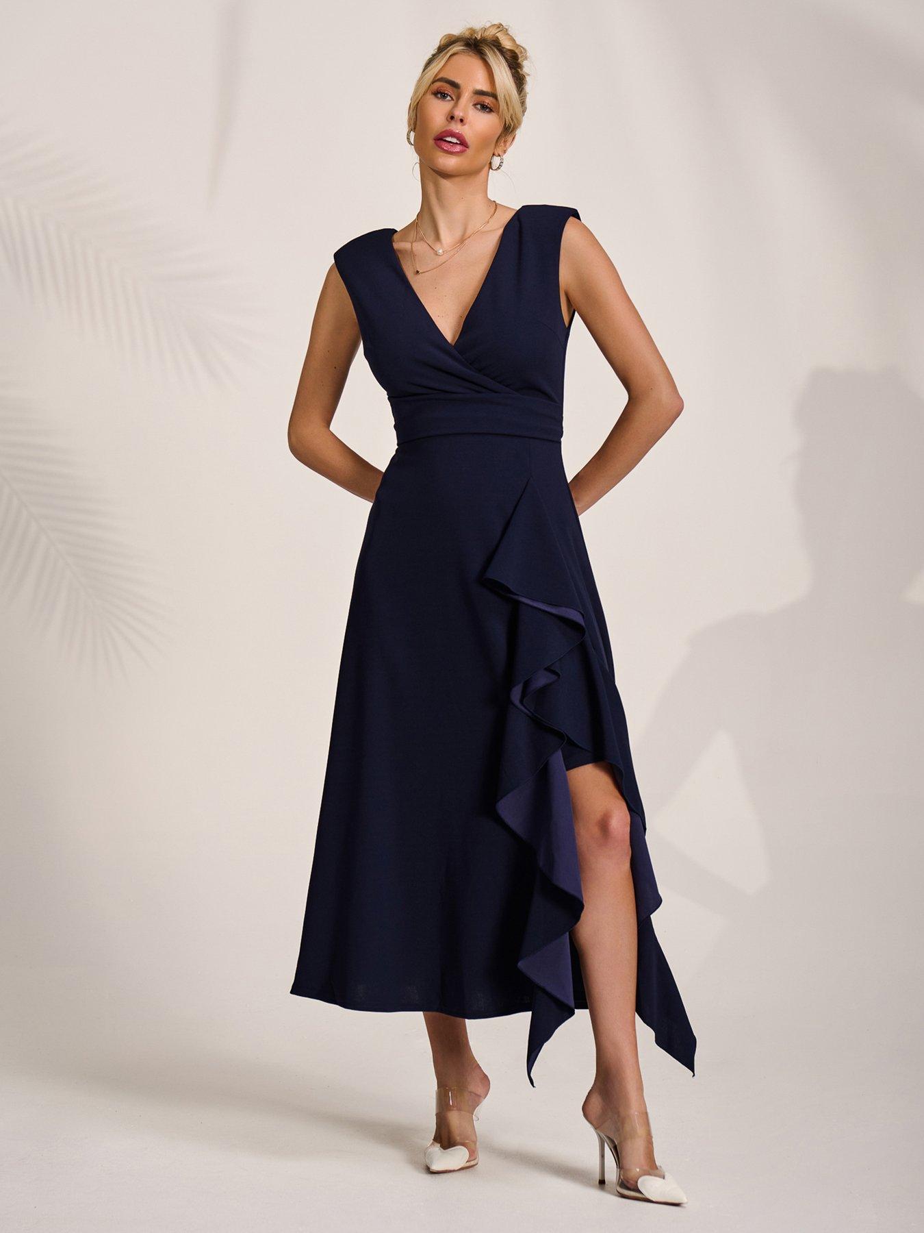 Image 3 of 7 of Jolie Moi Wrap Front Frill Detail Maxi Dress - Navy