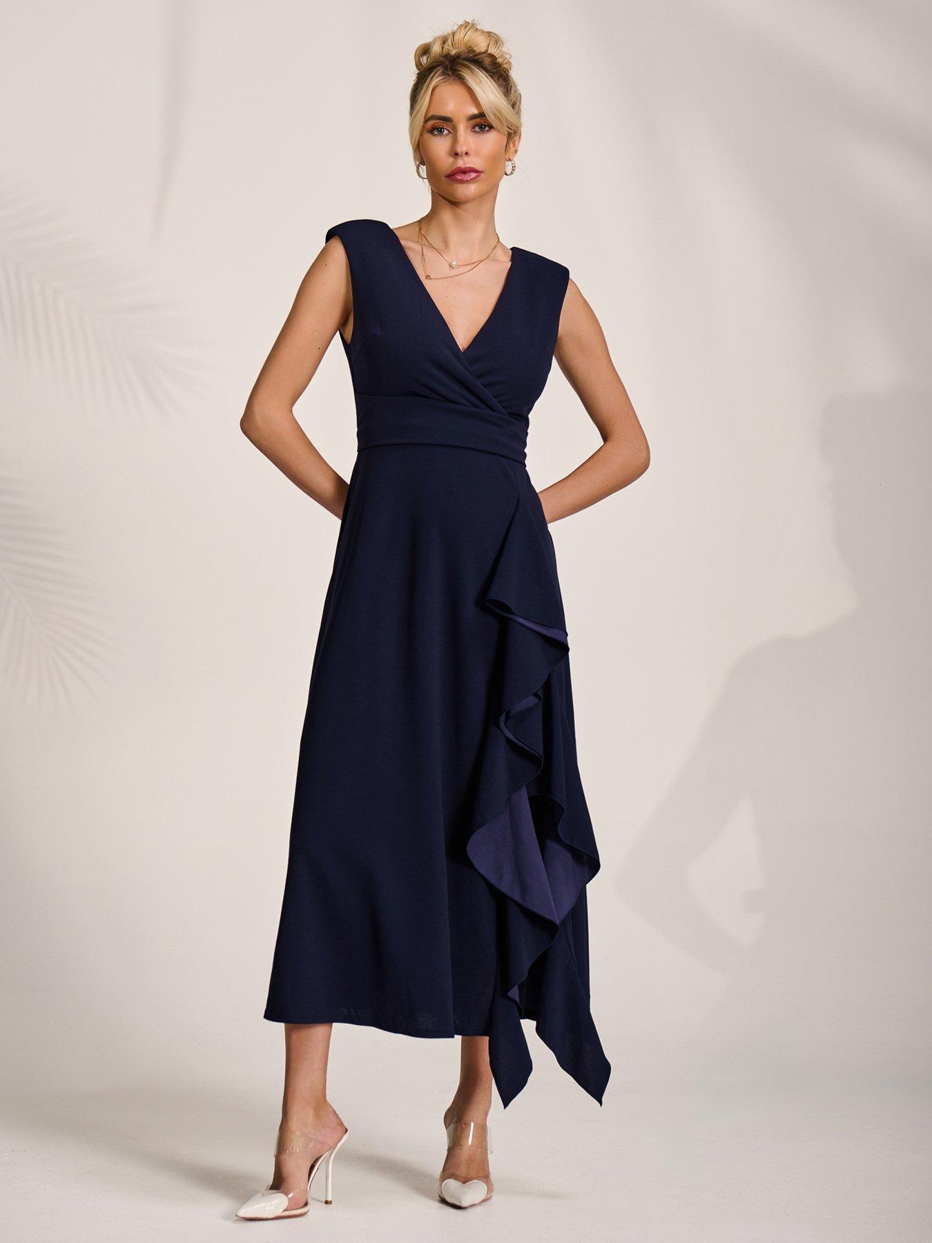 Image 5 of 7 of Jolie Moi Wrap Front Frill Detail Maxi Dress - Navy