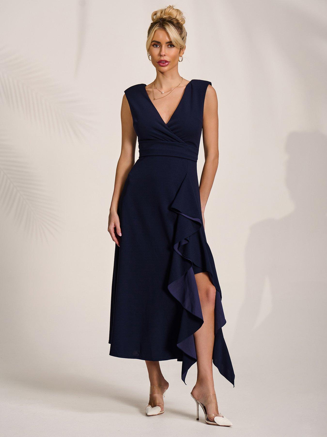 Image 6 of 7 of Jolie Moi Wrap Front Frill Detail Maxi Dress - Navy
