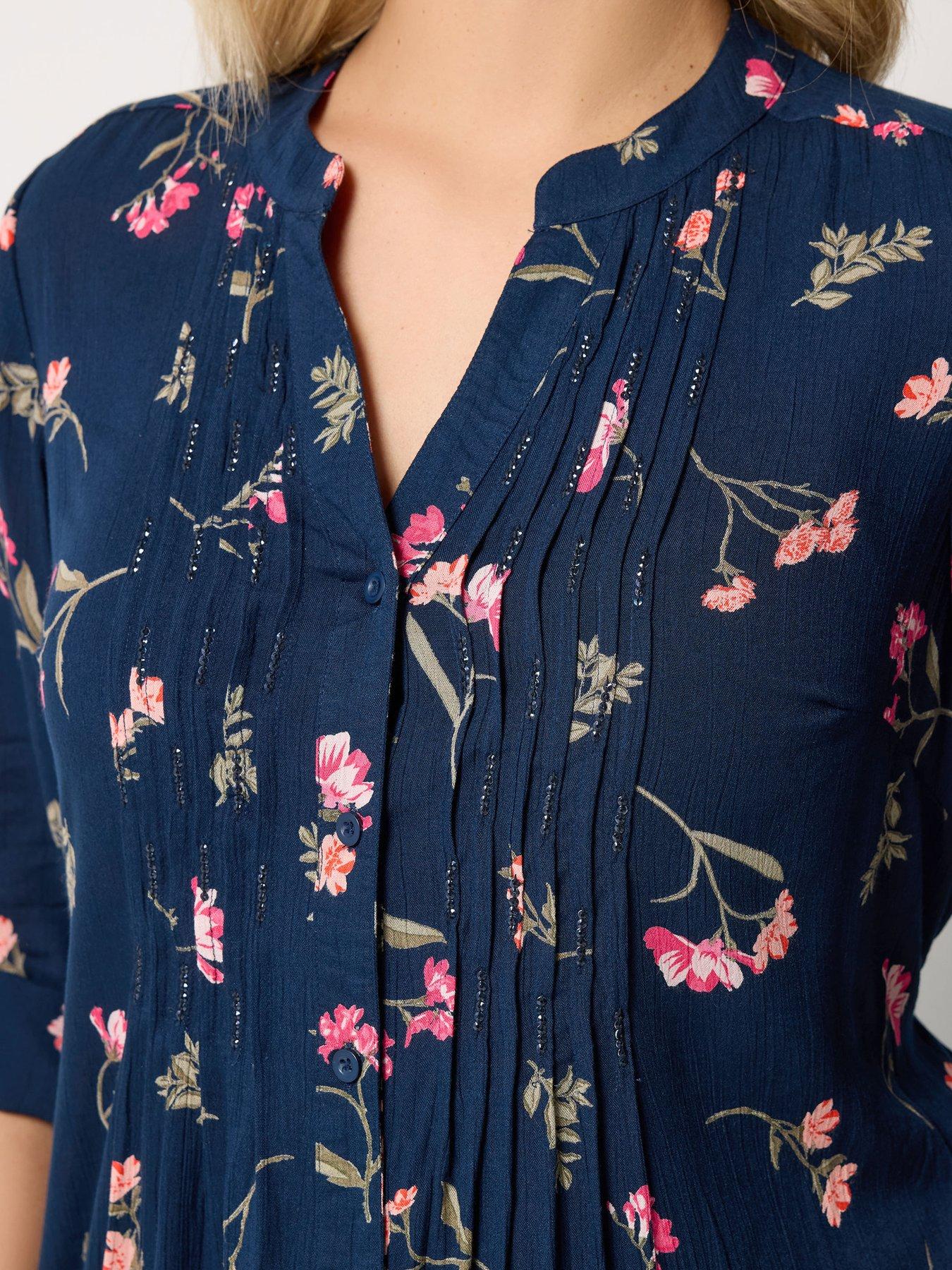  image of yours-curve-floral-pintuck-blouse-blue