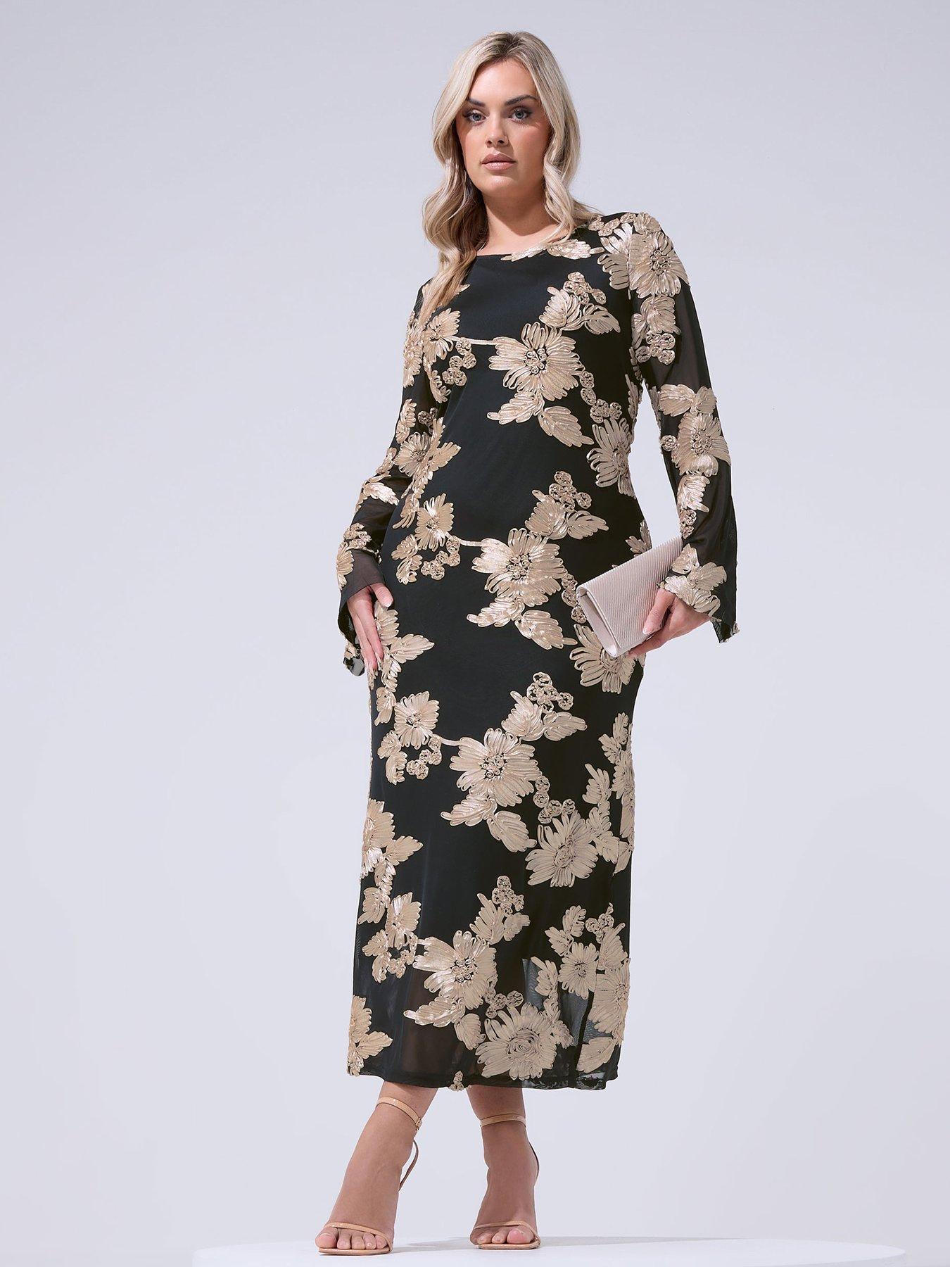 Yours Curve Mesh Applique Long Sleeve Maxi Dress - Black