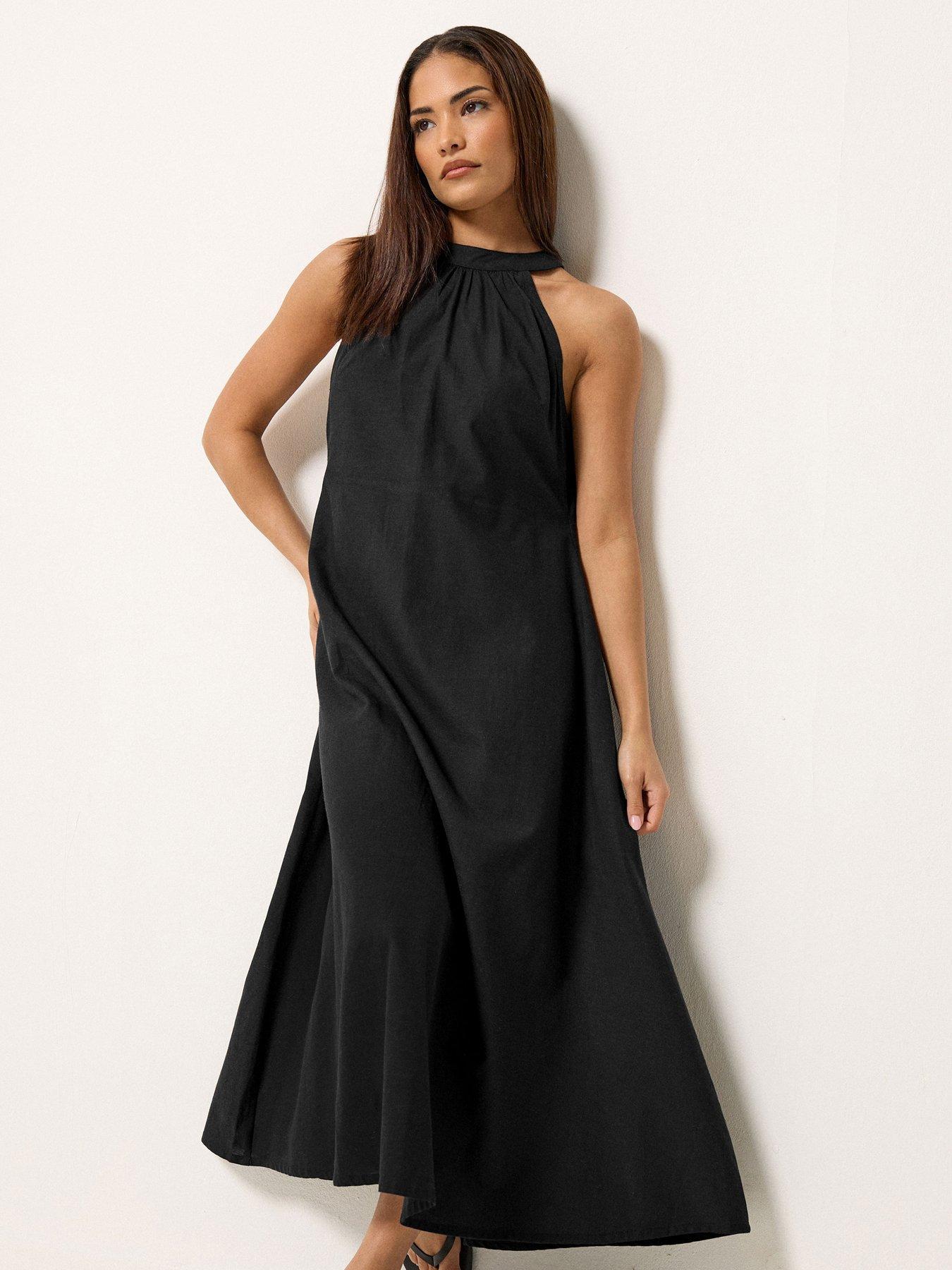 PixieGirl Petite Halter Neck Maxi Dress Containing Linen - Black