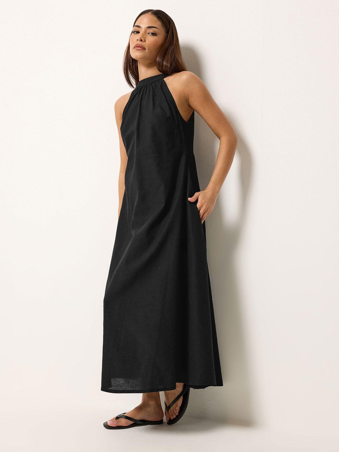Image 3 of 5 of PixieGirl Petite Halter Neck Maxi Dress Containing Linen - Black