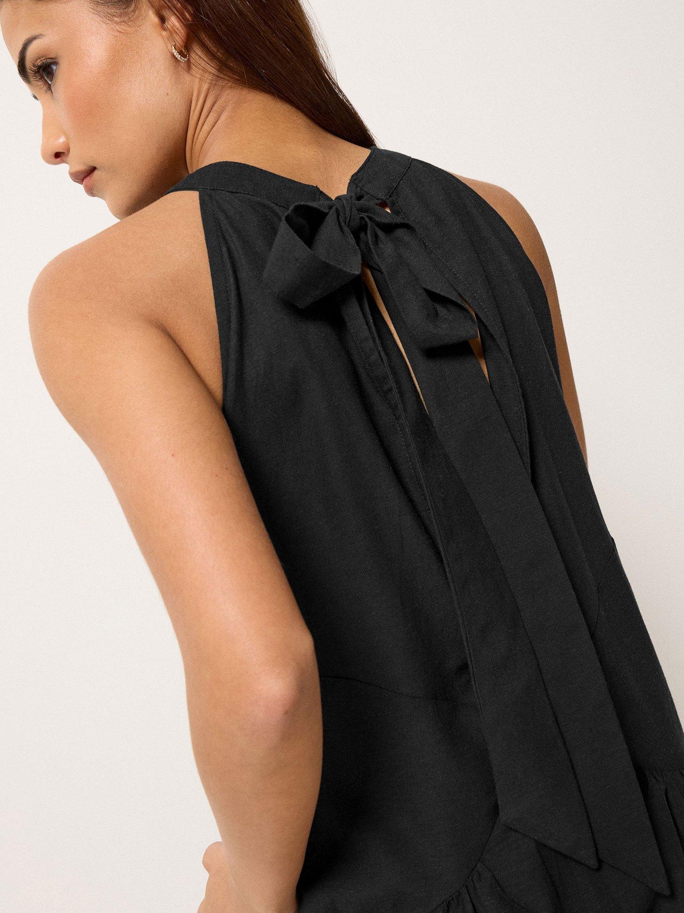 Image 4 of 5 of PixieGirl Petite Halter Neck Maxi Dress Containing Linen - Black