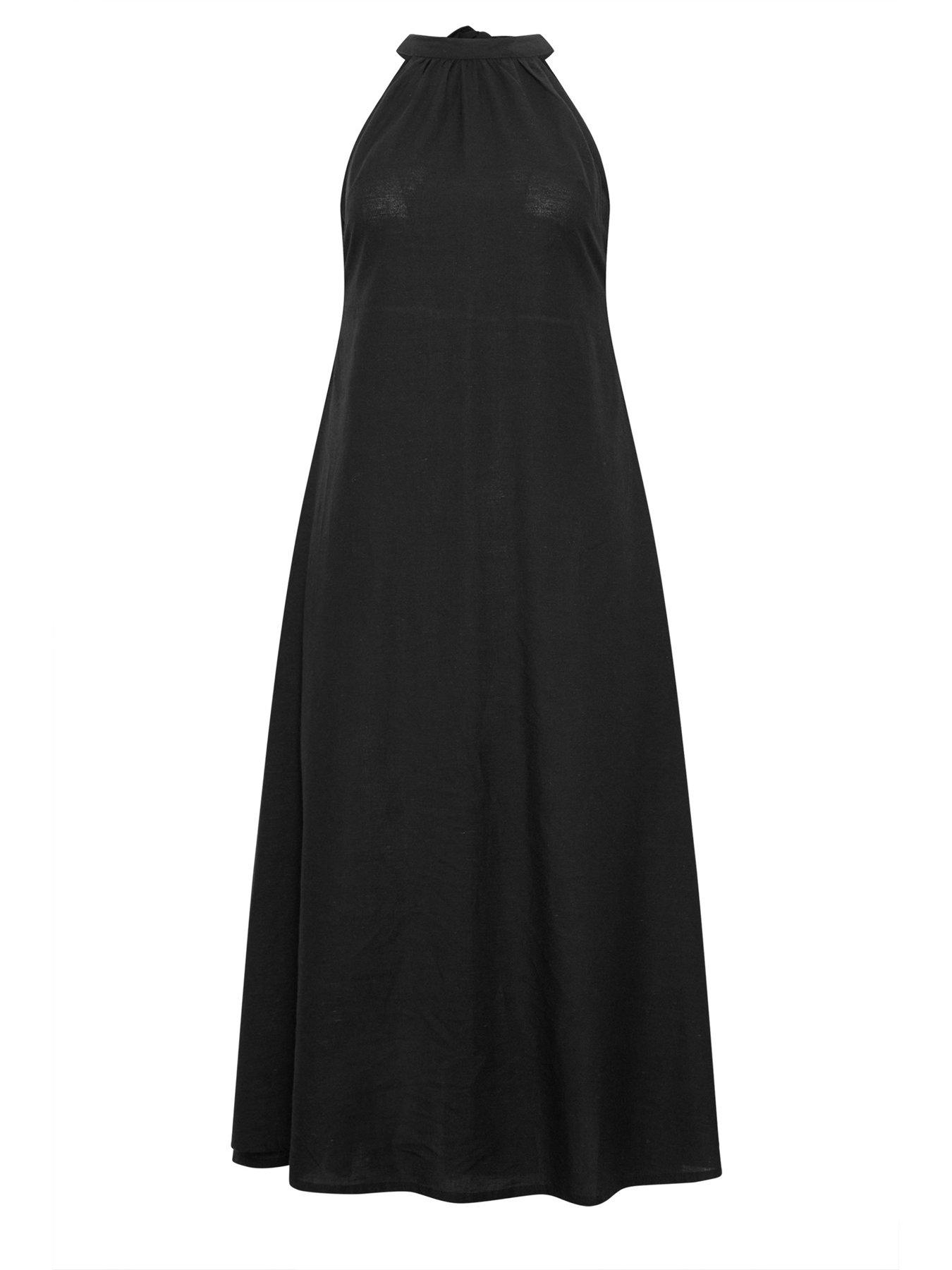 Image 5 of 5 of PixieGirl Petite Halter Neck Maxi Dress Containing Linen - Black
