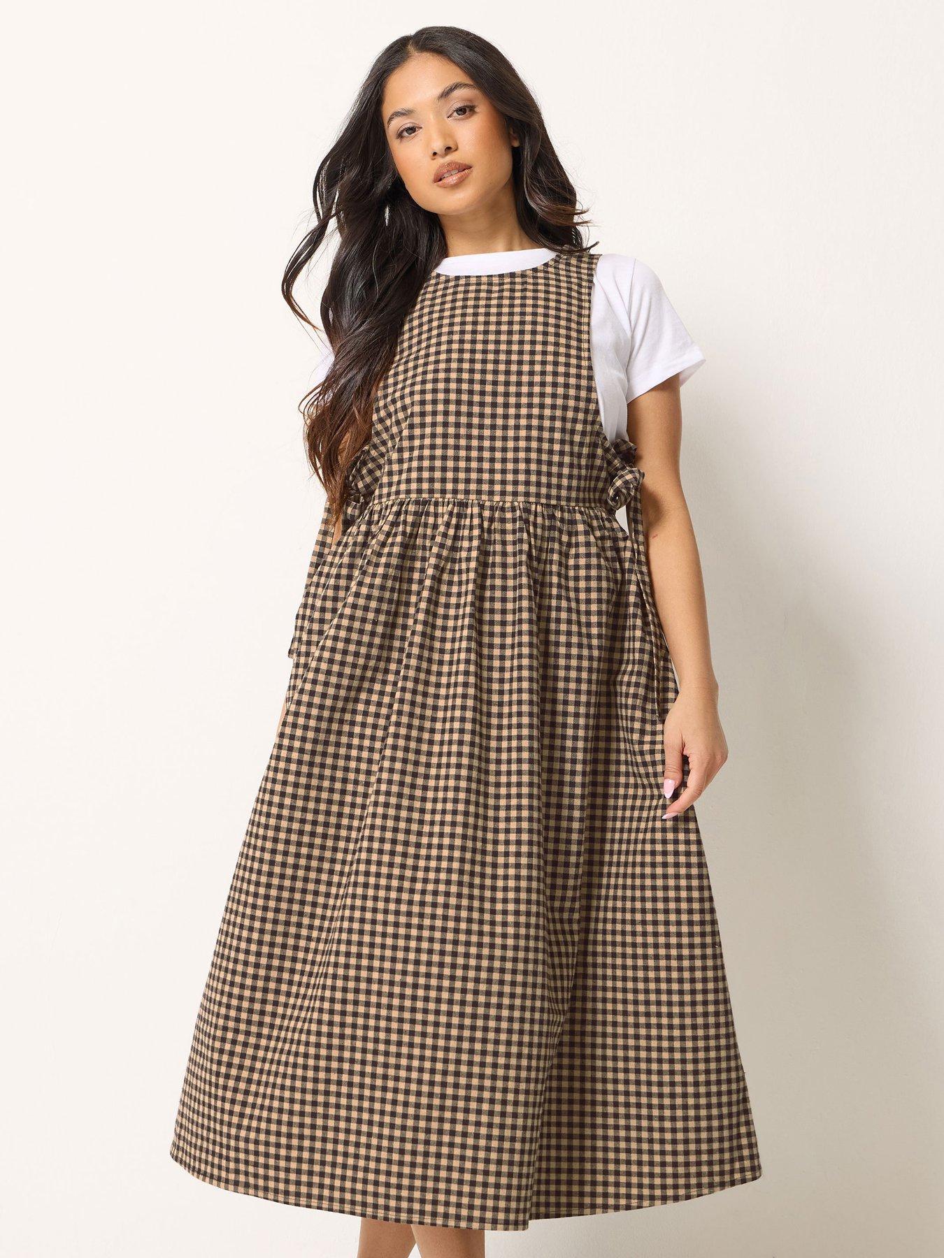 Image 1 of 5 of PixieGirl Petite Gingham Tie Pinafore Dress